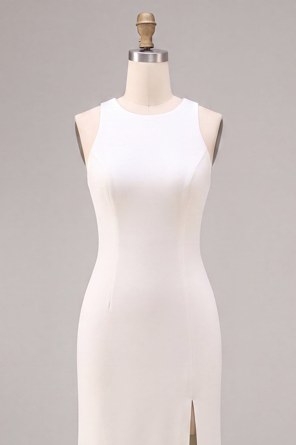 White Round Neck Satin Sheath Long Engagement Dress with Slit