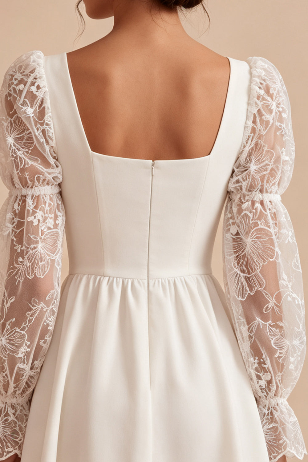 White Lace Puff Sleeves A-Line Square Neck Short Graduation Dress