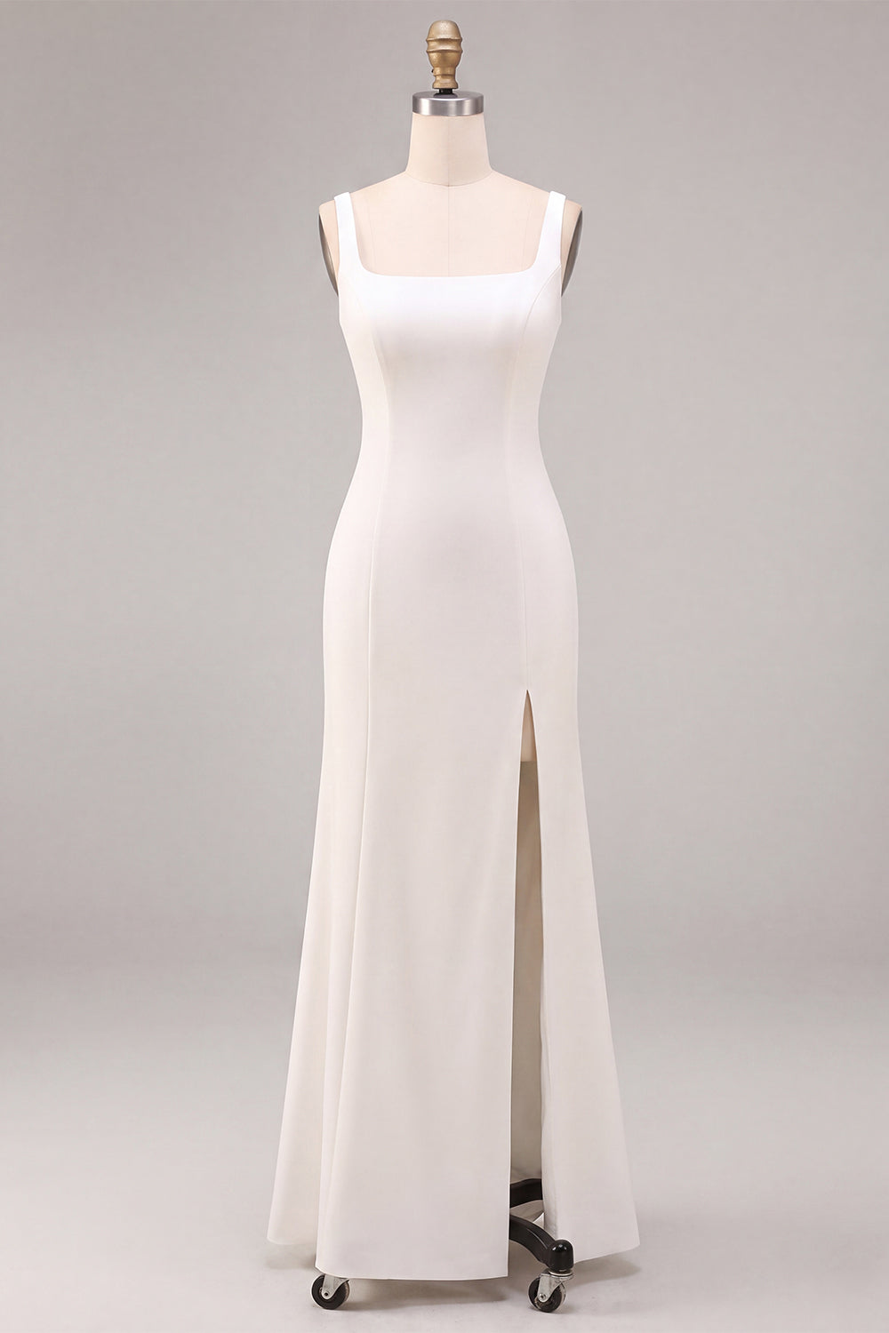 White Satin Mermaid Simple Square Neck Long Engagement Dress with Slit