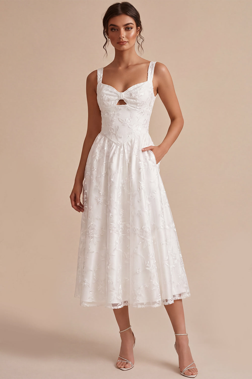 White A-Line Keyhole Jacquard Midi Boho Engagement Dress with Pockets