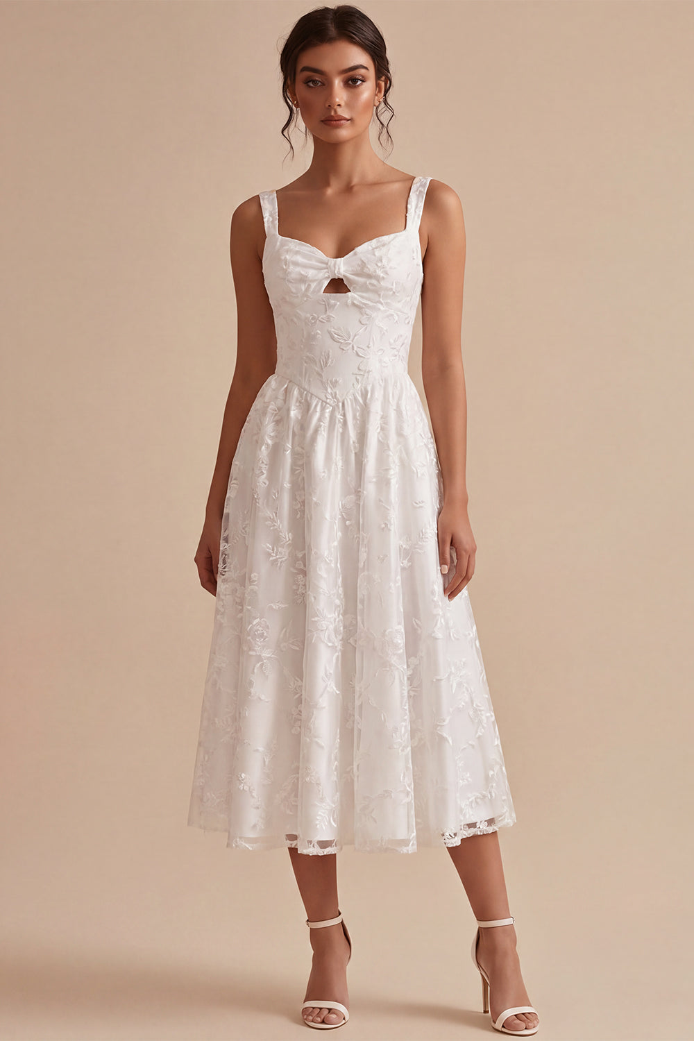 White A-Line Keyhole Jacquard Midi Boho Engagement Dress with Pockets