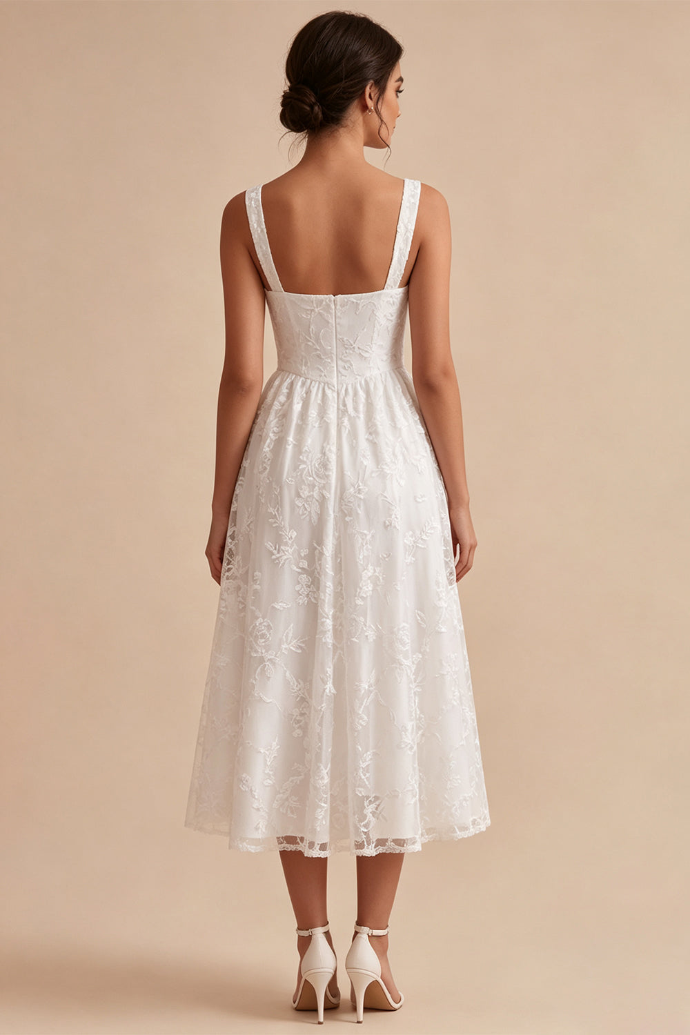 White A-Line Keyhole Jacquard Midi Boho Engagement Dress with Pockets
