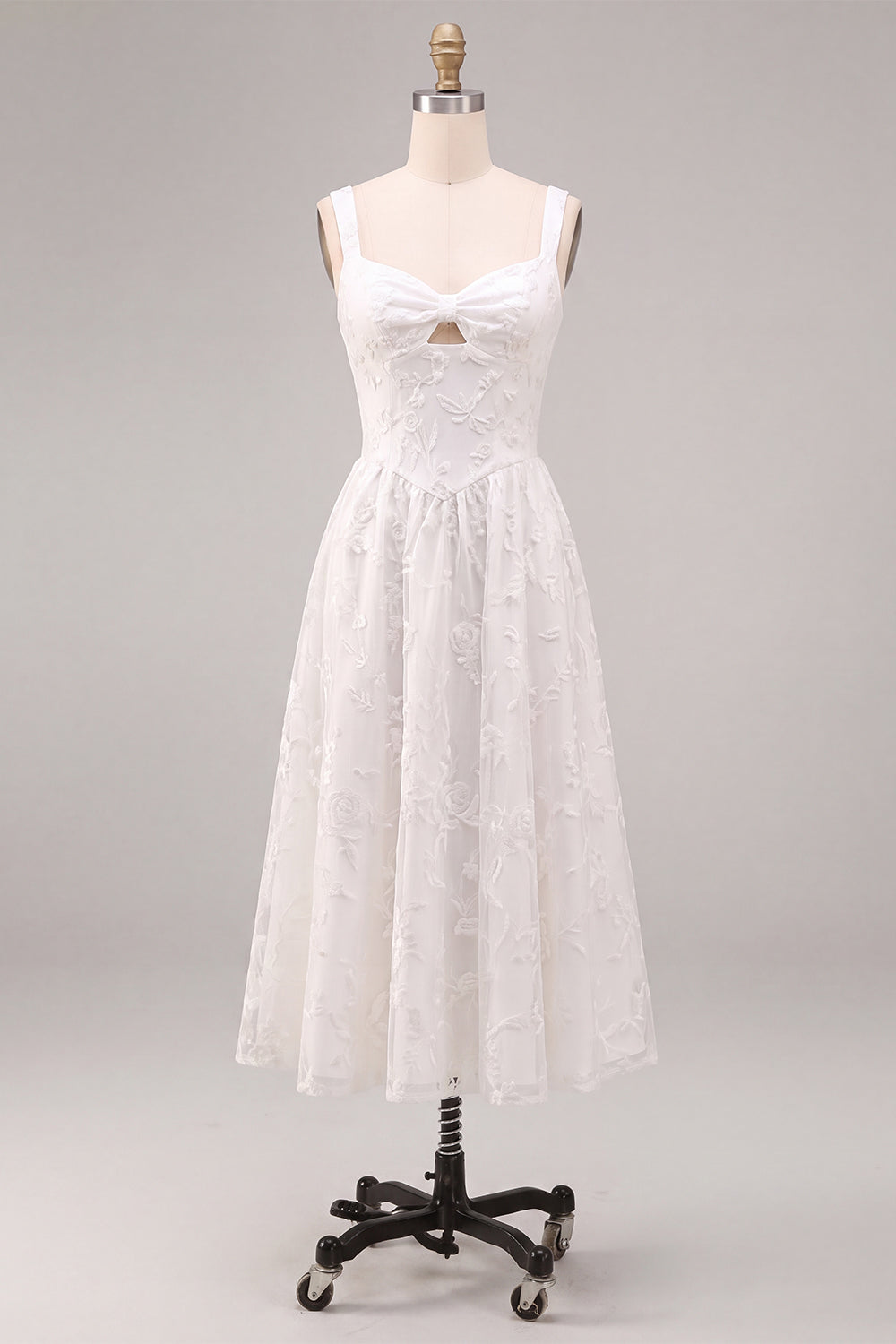 White A-Line Keyhole Jacquard Midi Boho Engagement Dress with Pockets