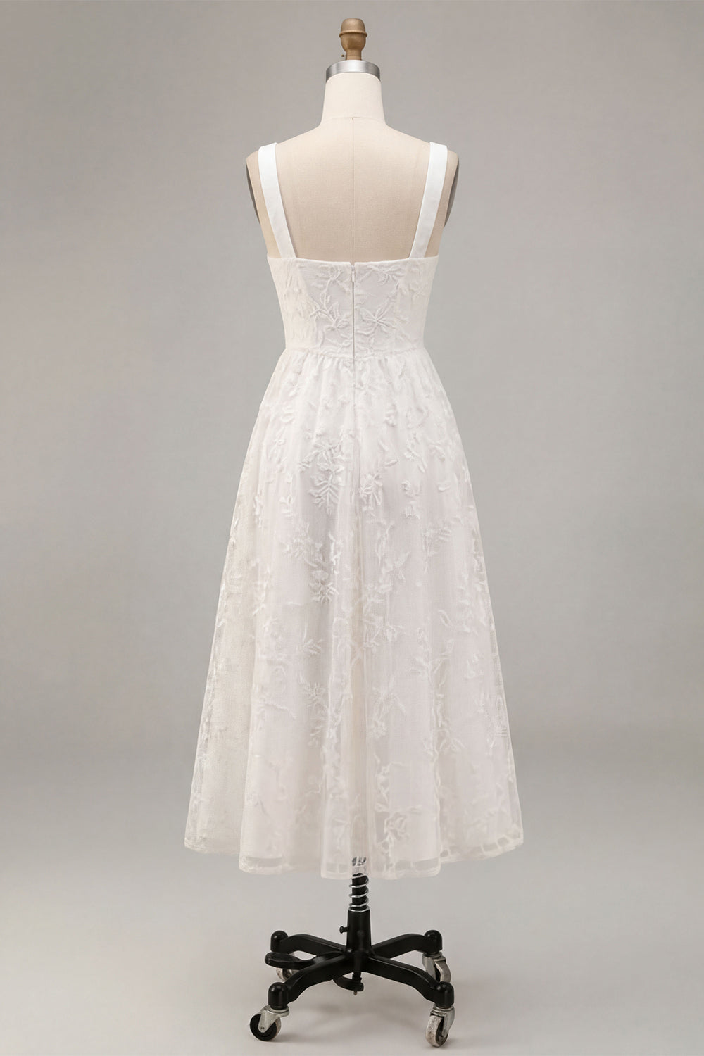 White A-Line Keyhole Jacquard Midi Boho Engagement Dress with Pockets