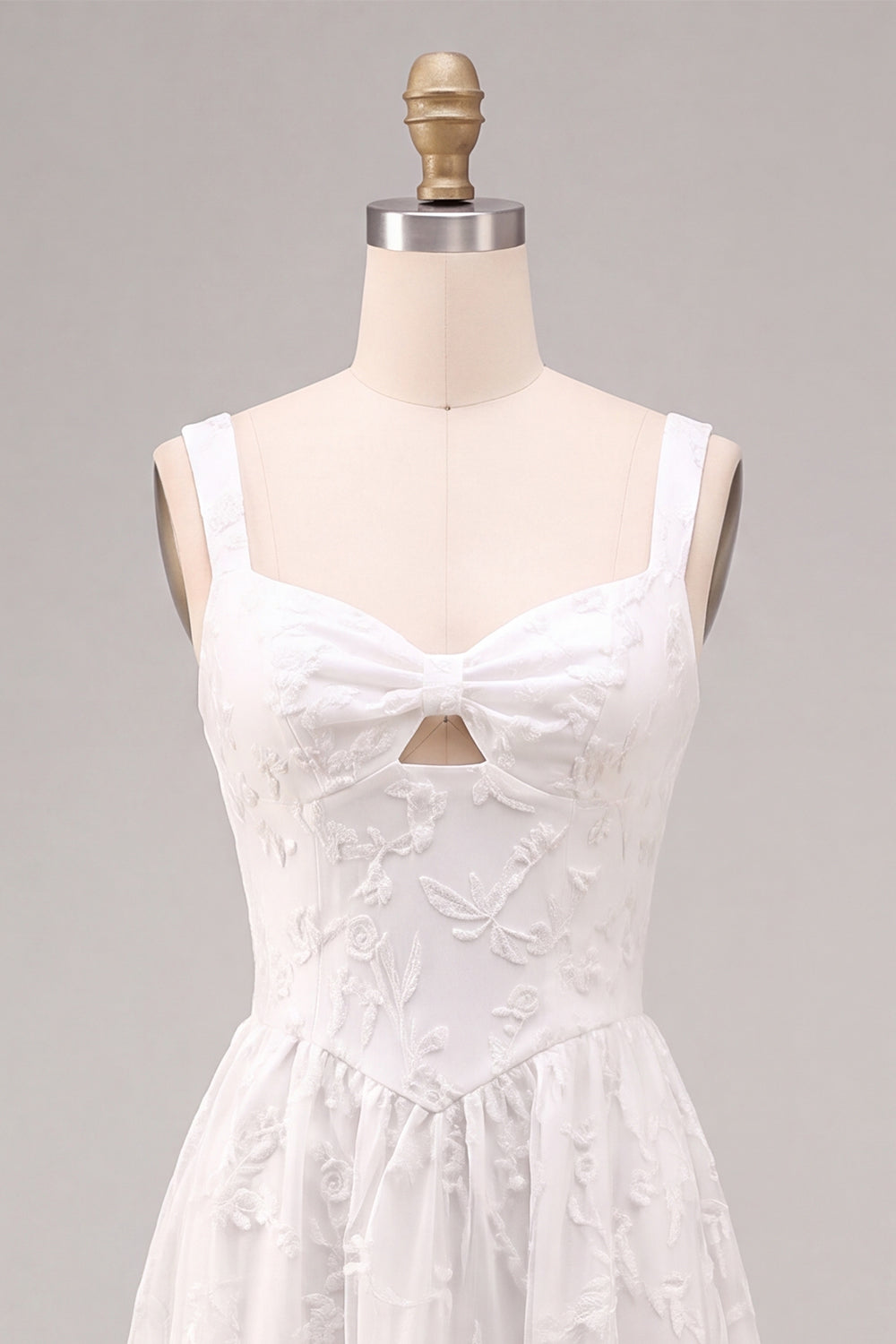 White A-Line Keyhole Jacquard Midi Boho Engagement Dress with Pockets