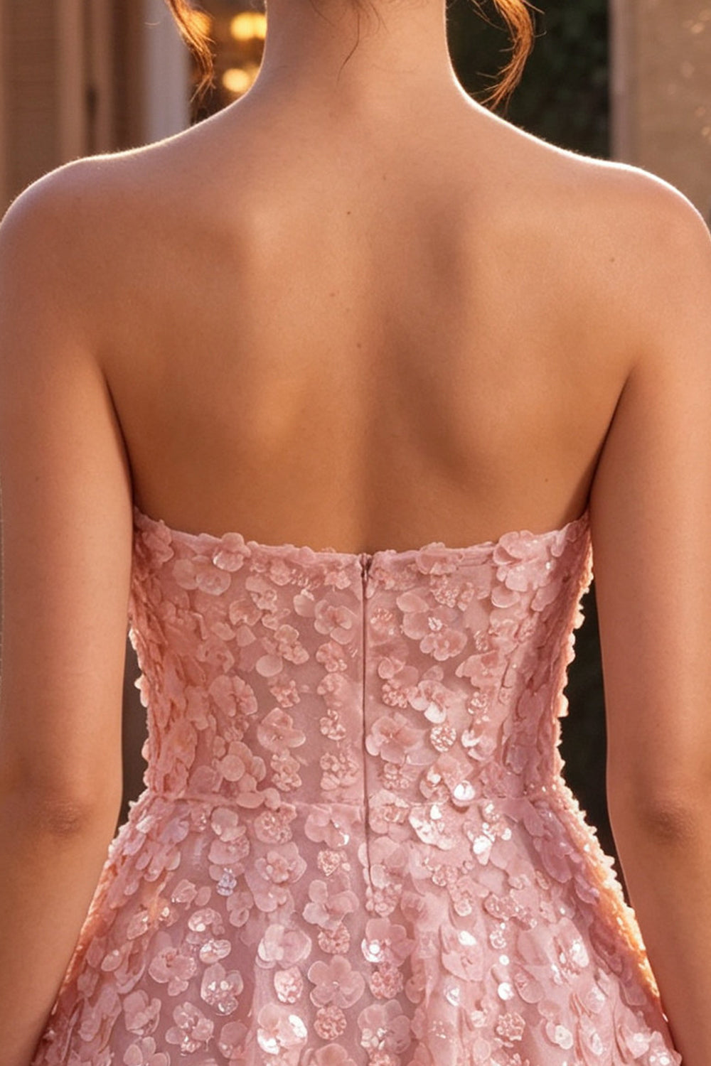 Pink Sparkly Sequins Floral Strapless A Line Short Homecoming Dress
