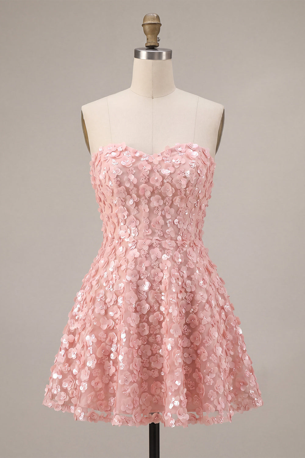 Pink Sparkly Sequins Floral Strapless A Line Short Homecoming Dress