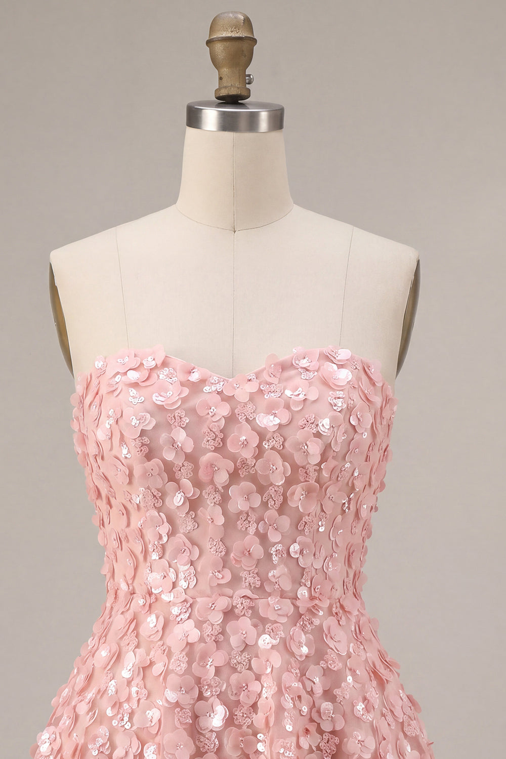 Pink Sparkly Sequins Floral Strapless A Line Short Homecoming Dress