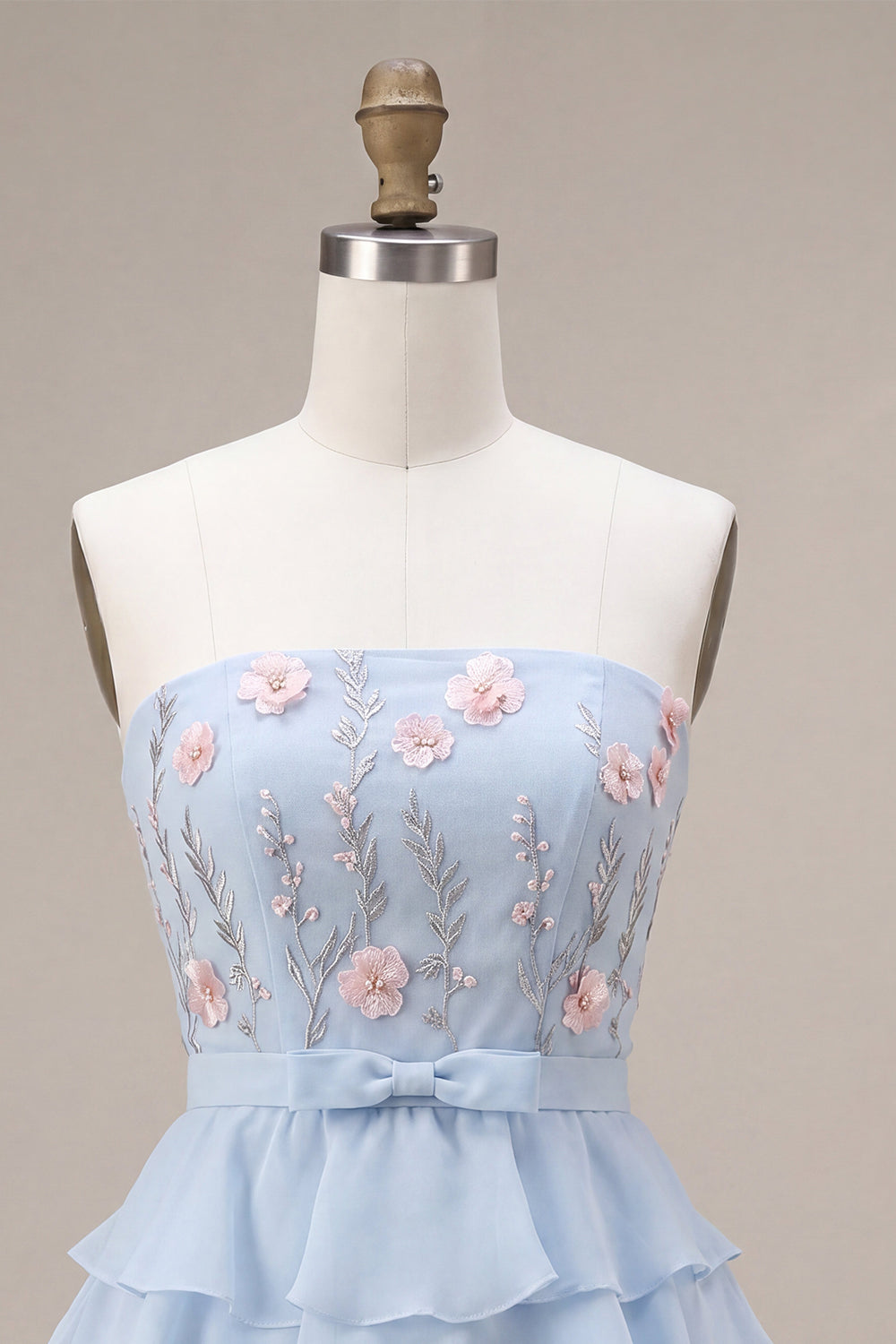 Ruffled Sky Blue Floral Tiered A Line Short Homecoming Dress with Bow
