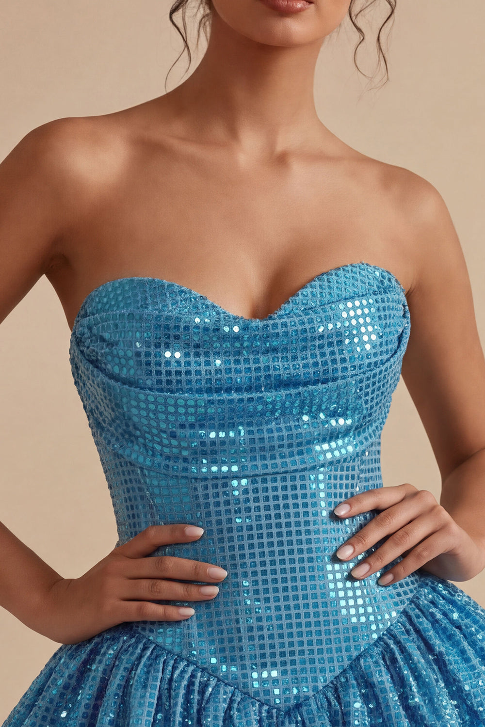 Sparkly Sequin Blue A Line Strapless Bubble Short Homecoming Dress