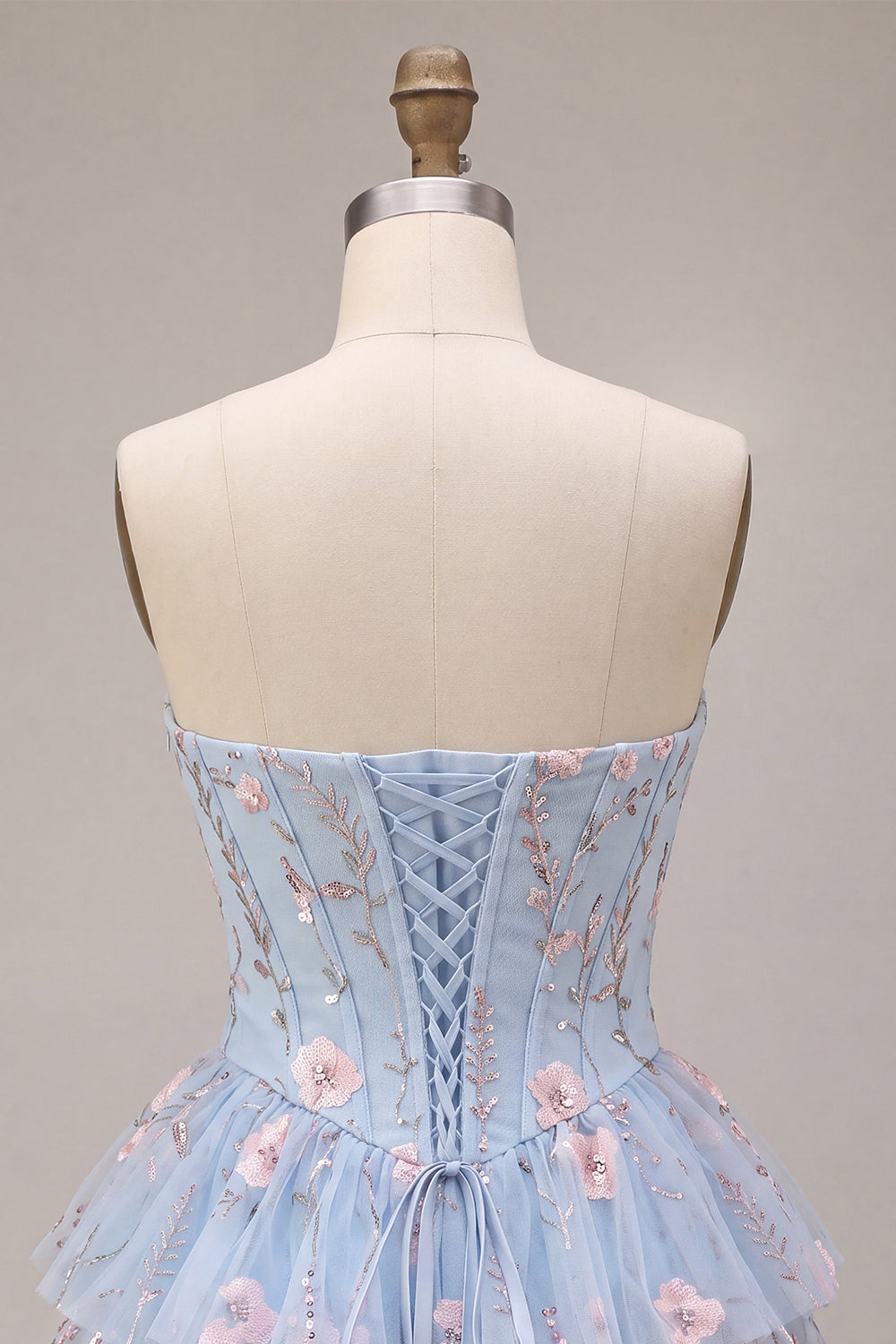 Ruffled Beaded Light Blue Corset Floral Tiered Short Homecoming Dress