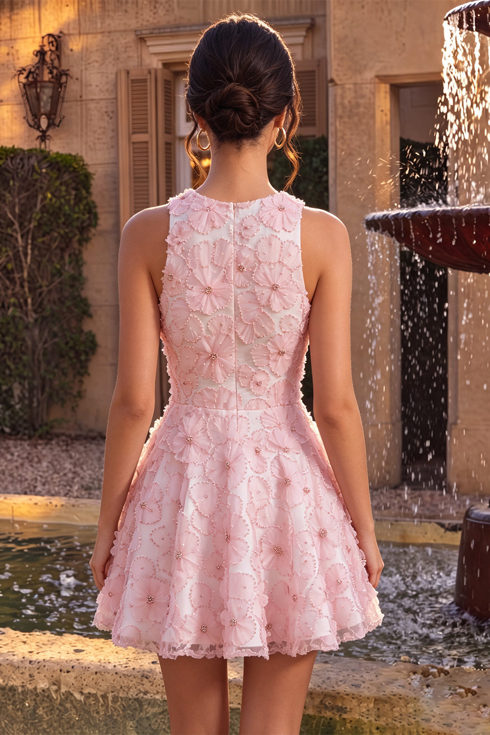 Floral Beaded Pink A Line Round Neck Short Homecoming Dress