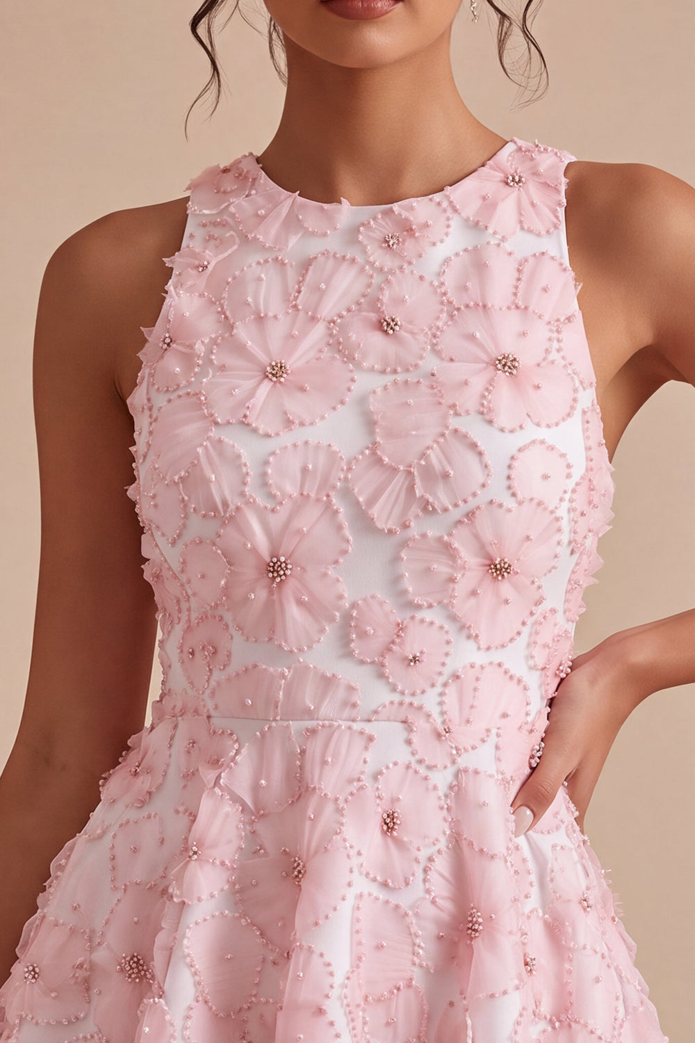 Floral Beaded Pink A Line Round Neck Short Homecoming Dress