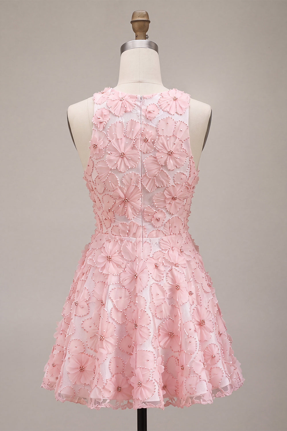 Floral Beaded Pink A Line Round Neck Short Homecoming Dress