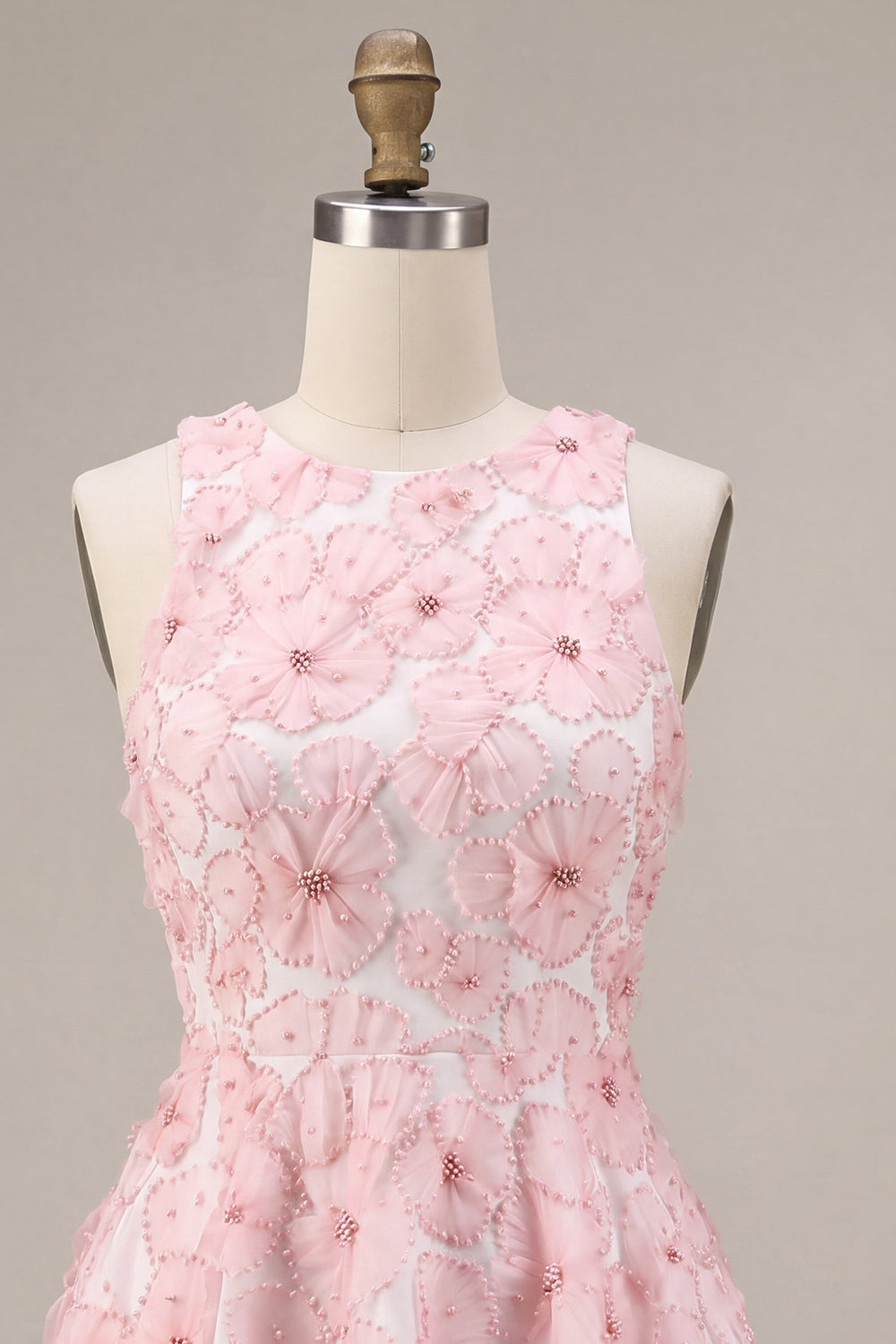 Floral Beaded Pink A Line Round Neck Short Homecoming Dress