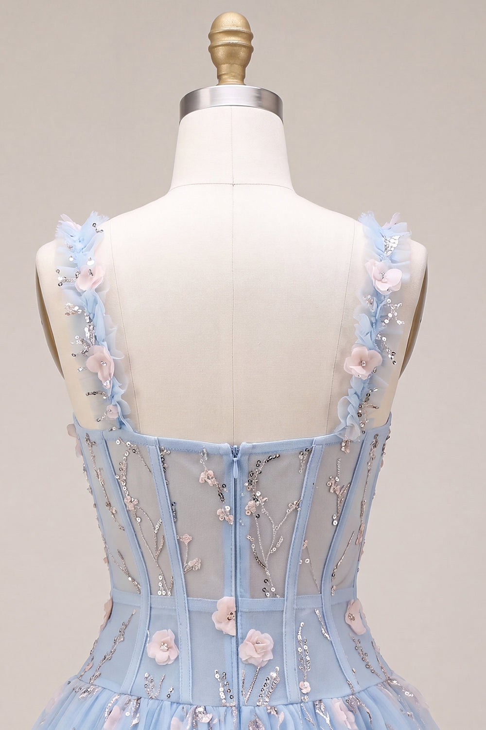 Light Blue Corset Beaded A Line Bubble Short Homecoming Dress with 3D Flowers