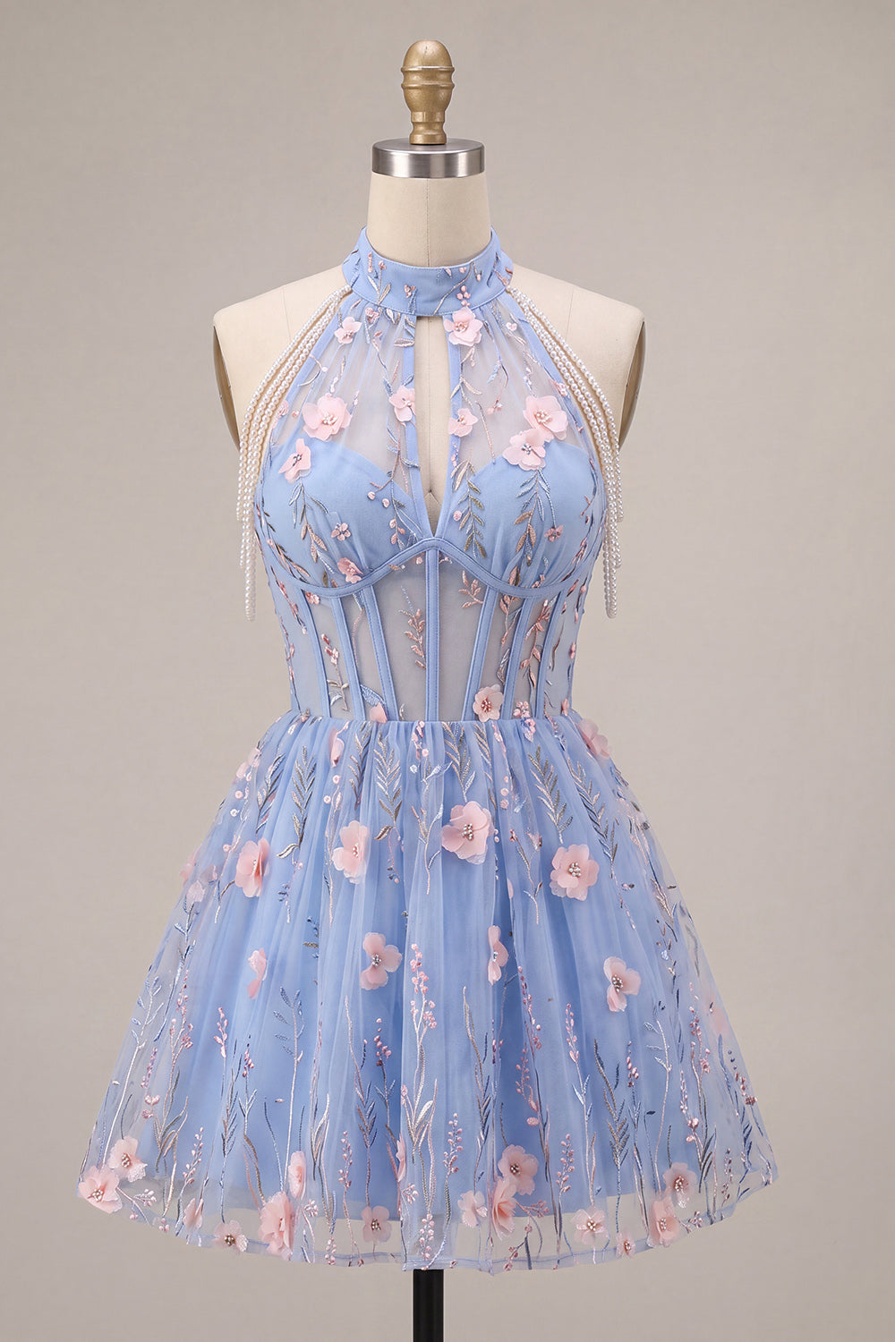 Sky Blue Floral Corset A Line Embroidered Short Homecoming Dress