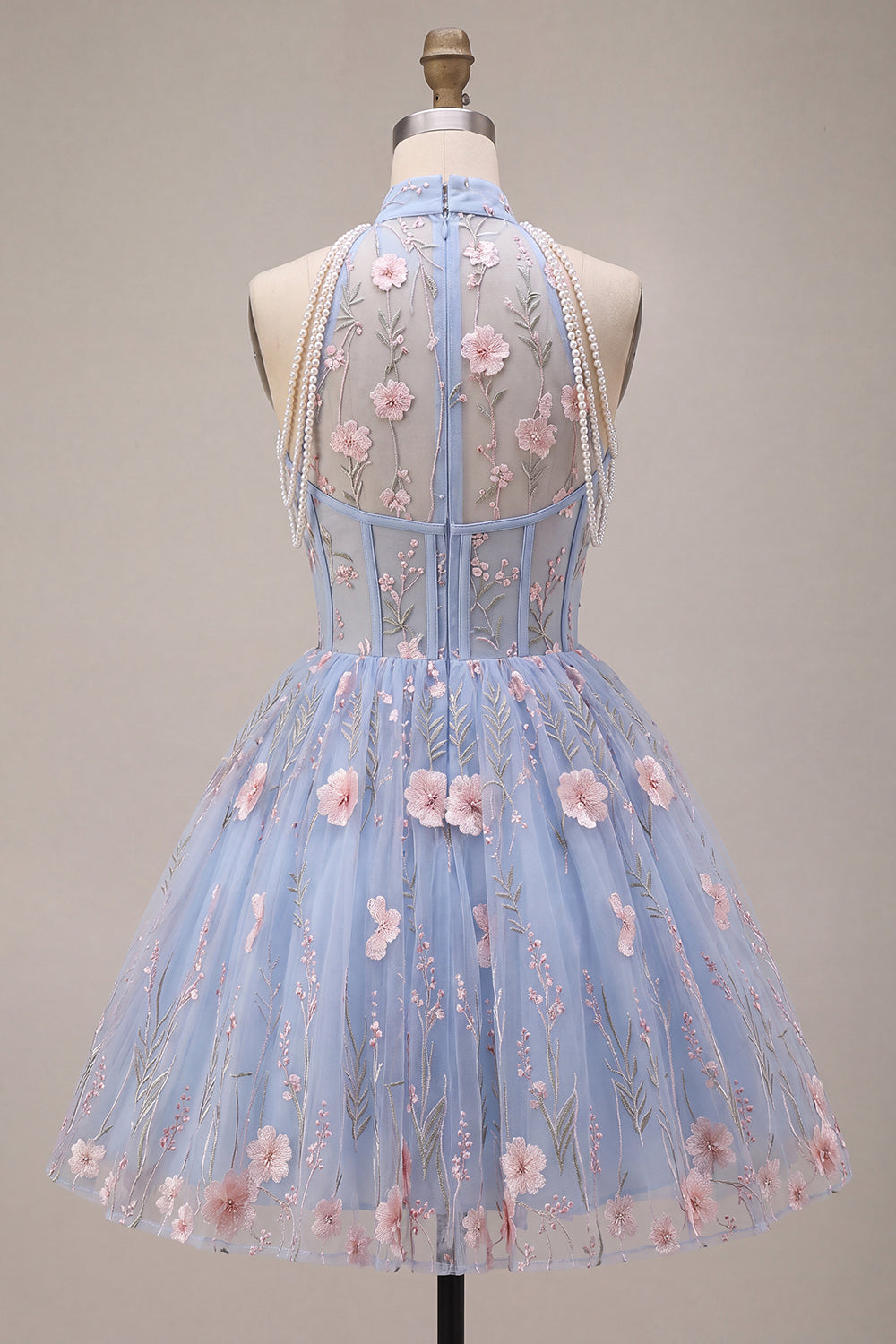 Sky Blue Floral Corset A Line Embroidered Short Homecoming Dress