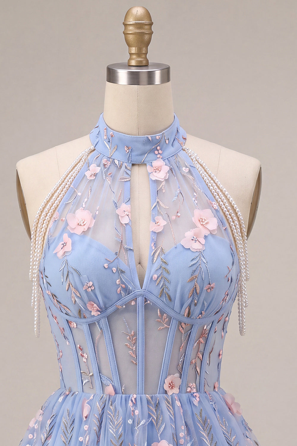 Sky Blue Floral Corset A Line Embroidered Short Homecoming Dress