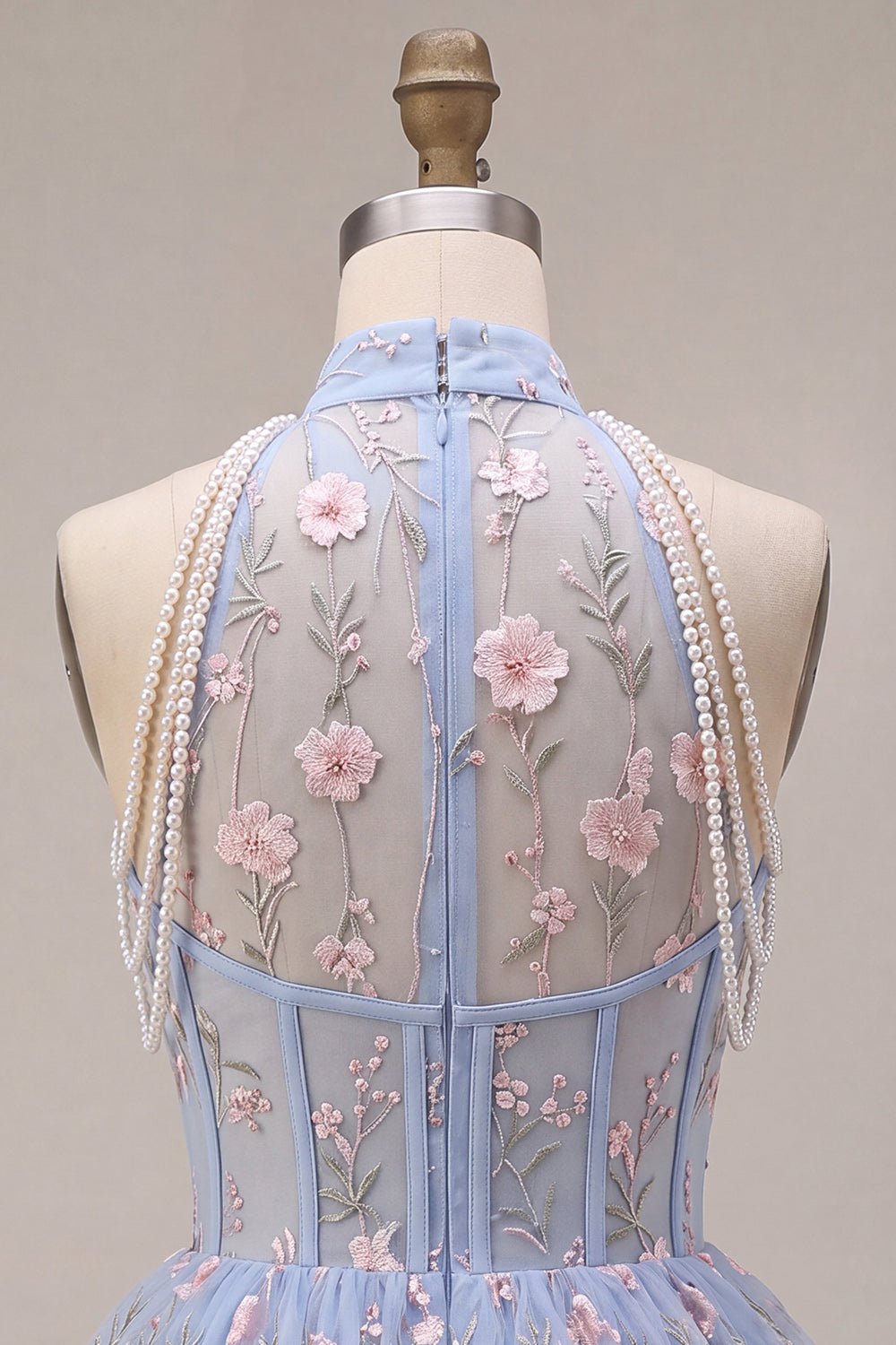 Sky Blue Floral Corset A Line Embroidered Short Homecoming Dress
