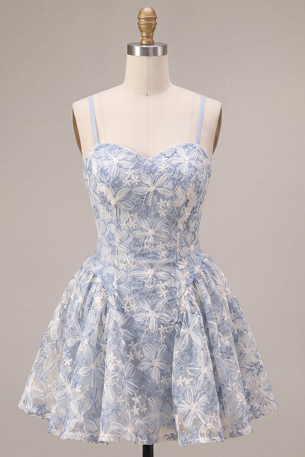 Dusty Blue Floral A Line Spaghetti Straps Short Homecoming Dress
