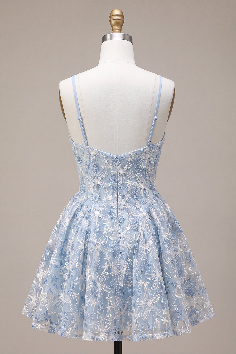 Dusty Blue Floral A Line Spaghetti Straps Short Homecoming Dress
