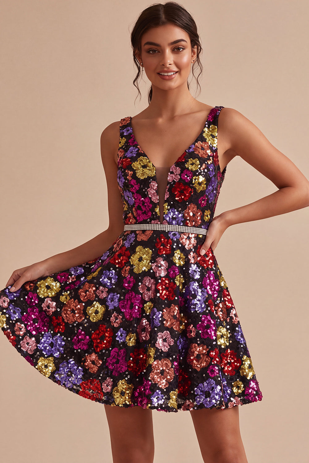 Black Floral Sparkly Sequin A Line Short Homecoming Dress