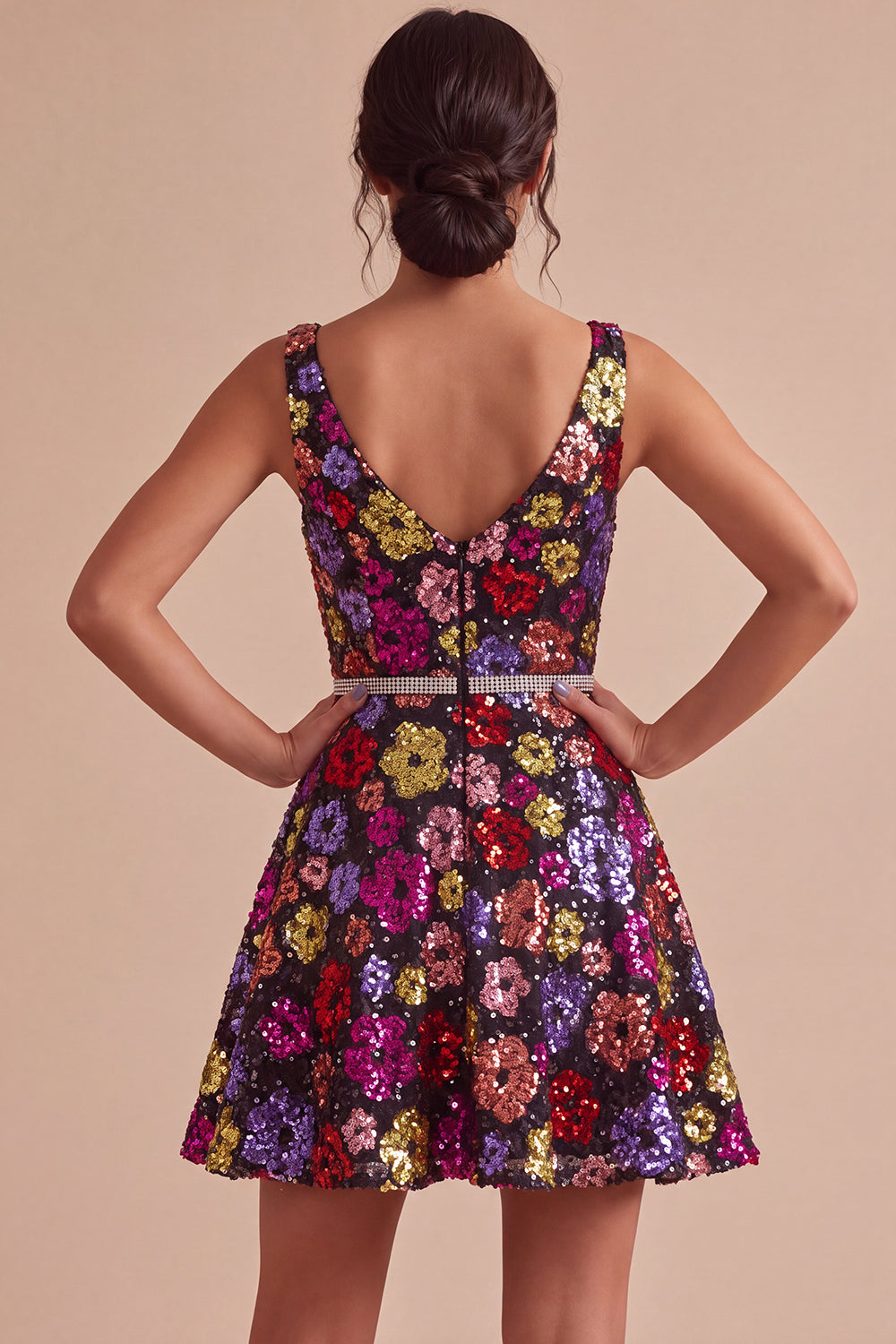 Black Floral Sparkly Sequin A Line Short Homecoming Dress