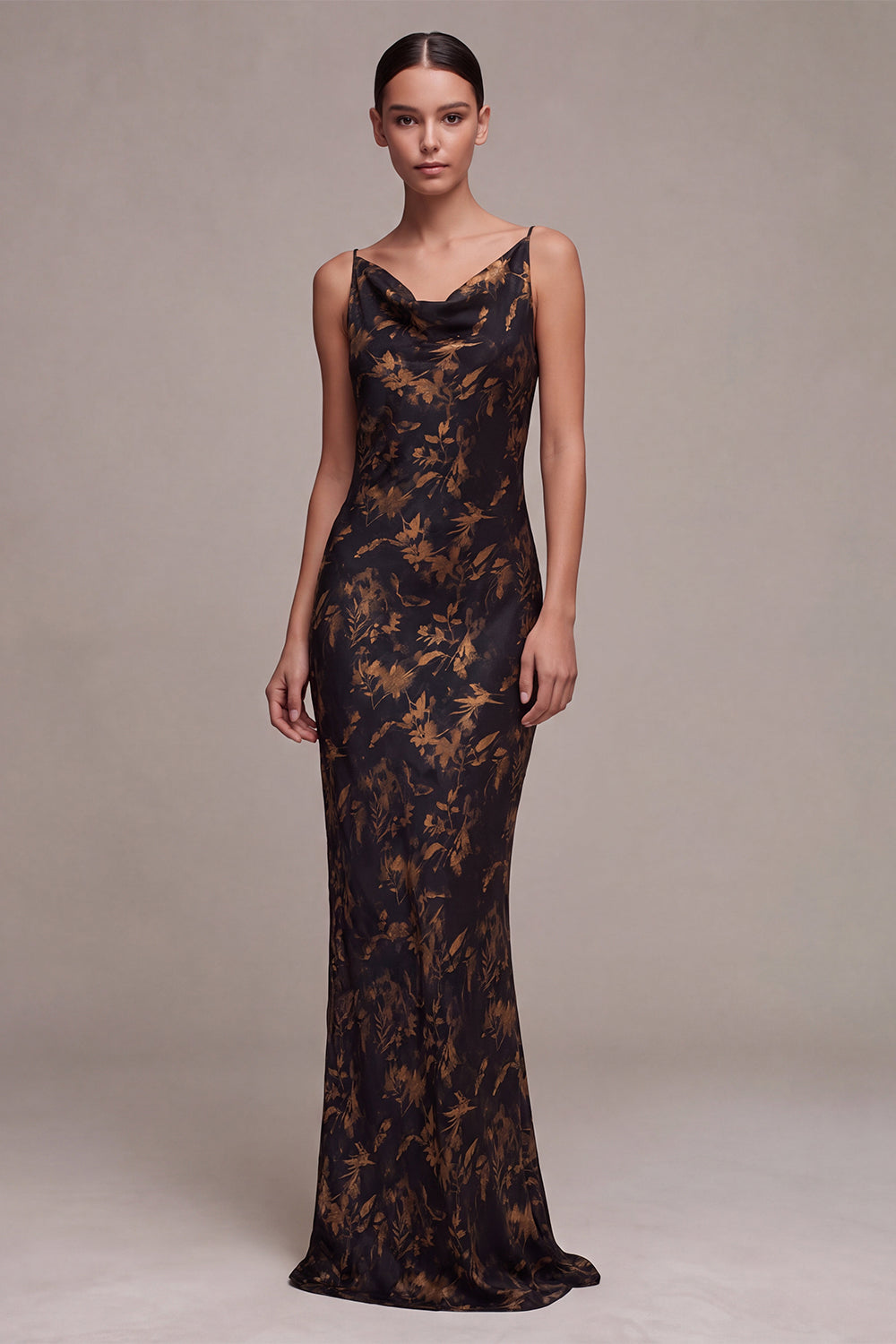 Black Floral Cowl Neck Long Formal Dress Simple Mermaid Evening Dress