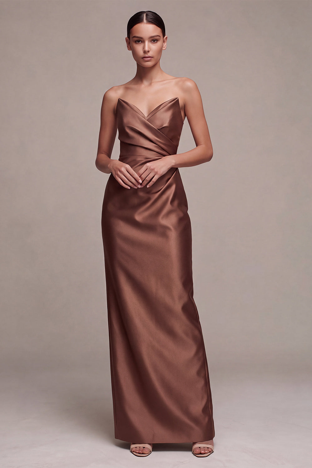 Coffee Simple Strapless Long Formal Dress Ruched Satin Sheath Evening Dress