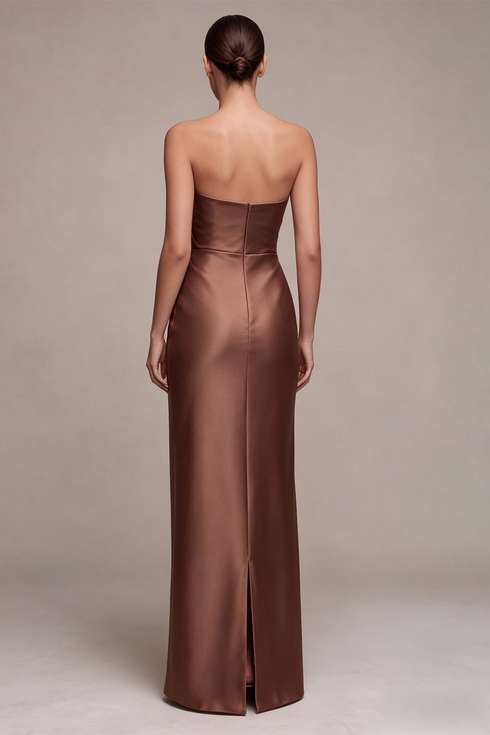 Coffee Strapless Sheath Satin Simple Ruched Long Formal Dress