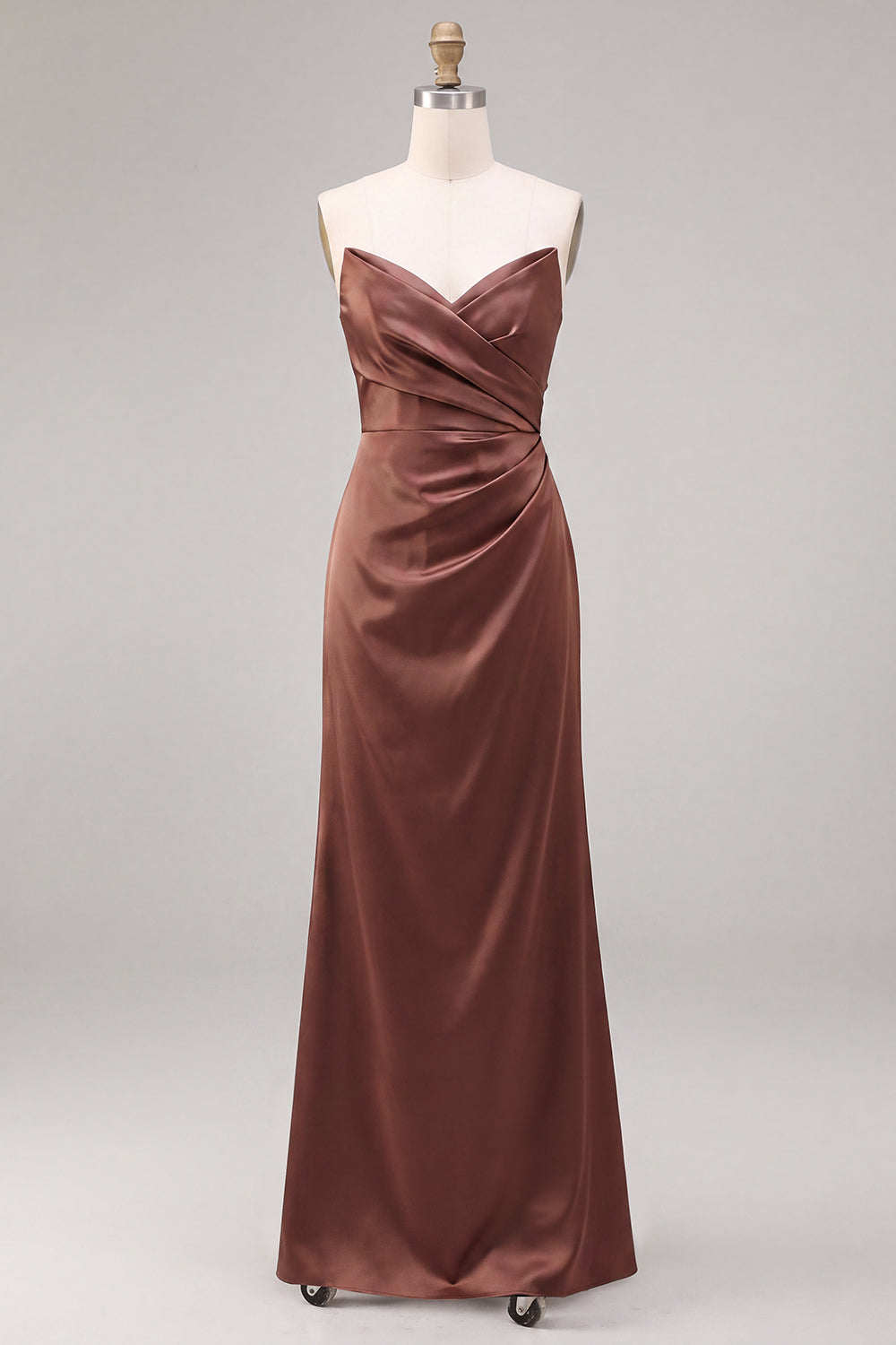 Coffee Strapless Sheath Satin Simple Ruched Long Formal Dress
