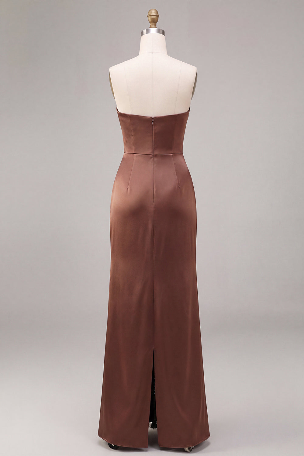 Coffee Strapless Sheath Satin Simple Ruched Long Formal Dress