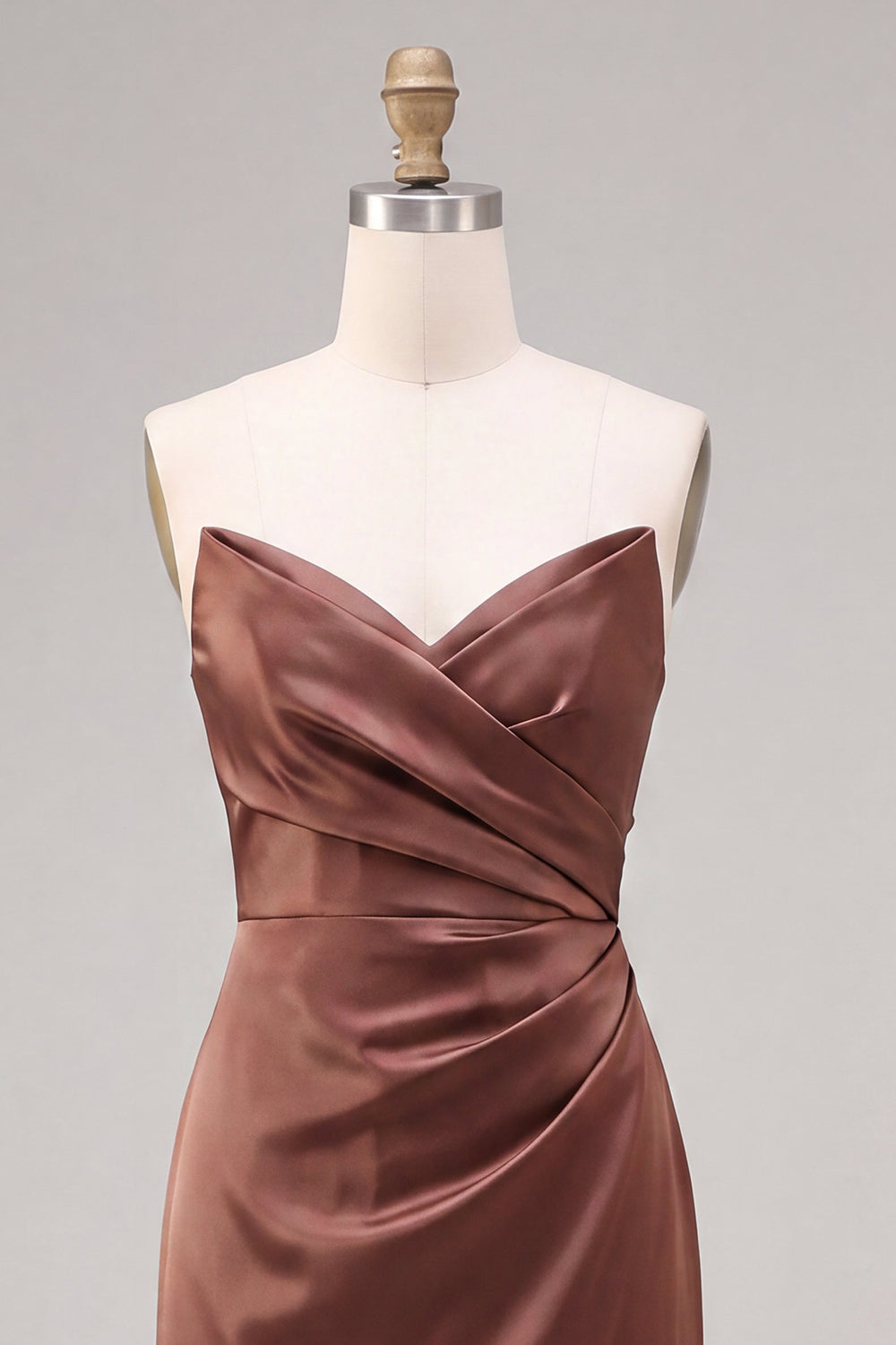 Coffee Strapless Sheath Satin Simple Ruched Long Formal Dress