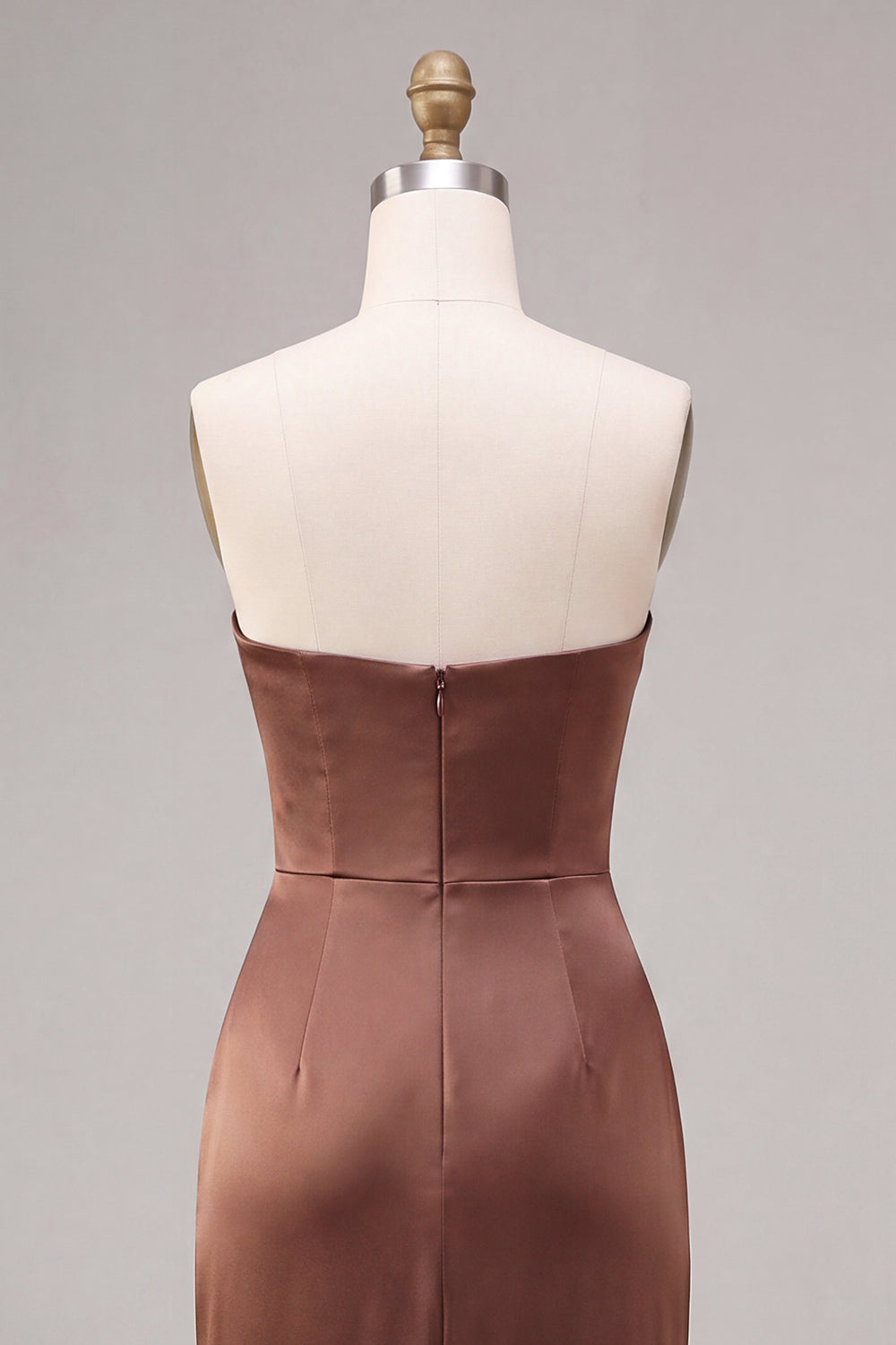 Coffee Strapless Sheath Satin Simple Ruched Long Formal Dress