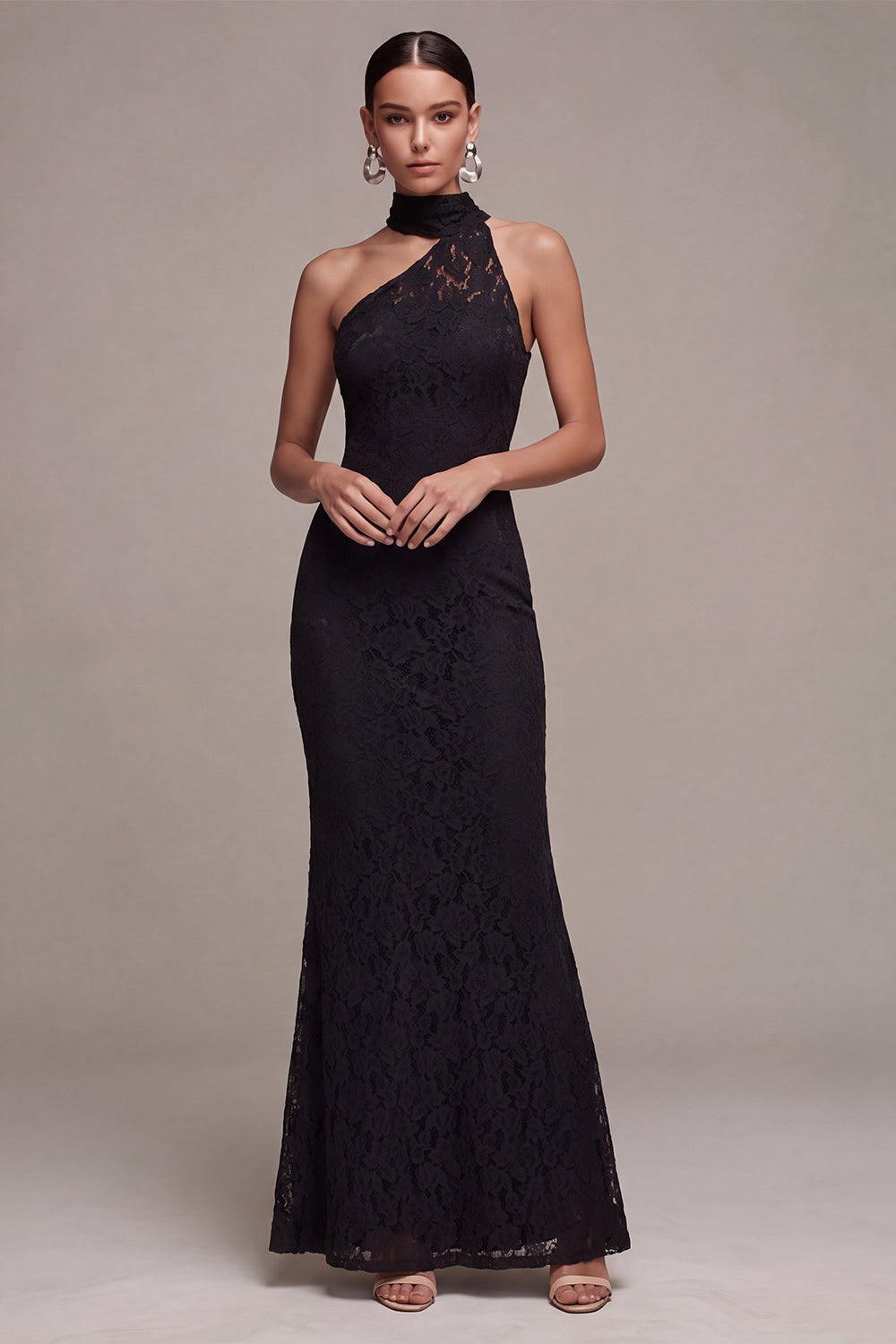 Black Halter Long Mermaid Formal Dress Lace Keyhole Back Evening Dress