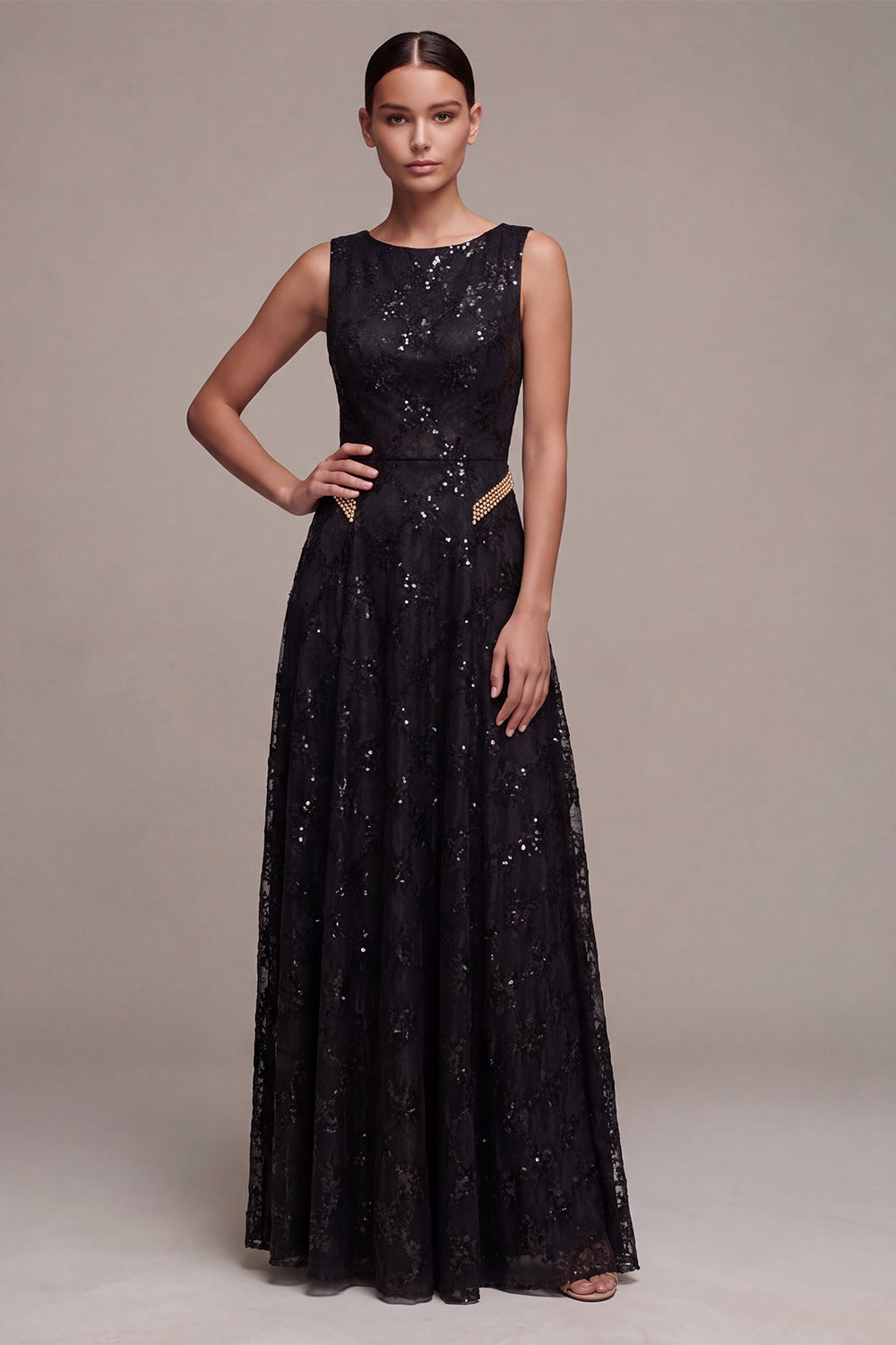 Black Sparkly Beaded Sequin Long Formal Dress Boat Neck Lace A Line Evening Dress