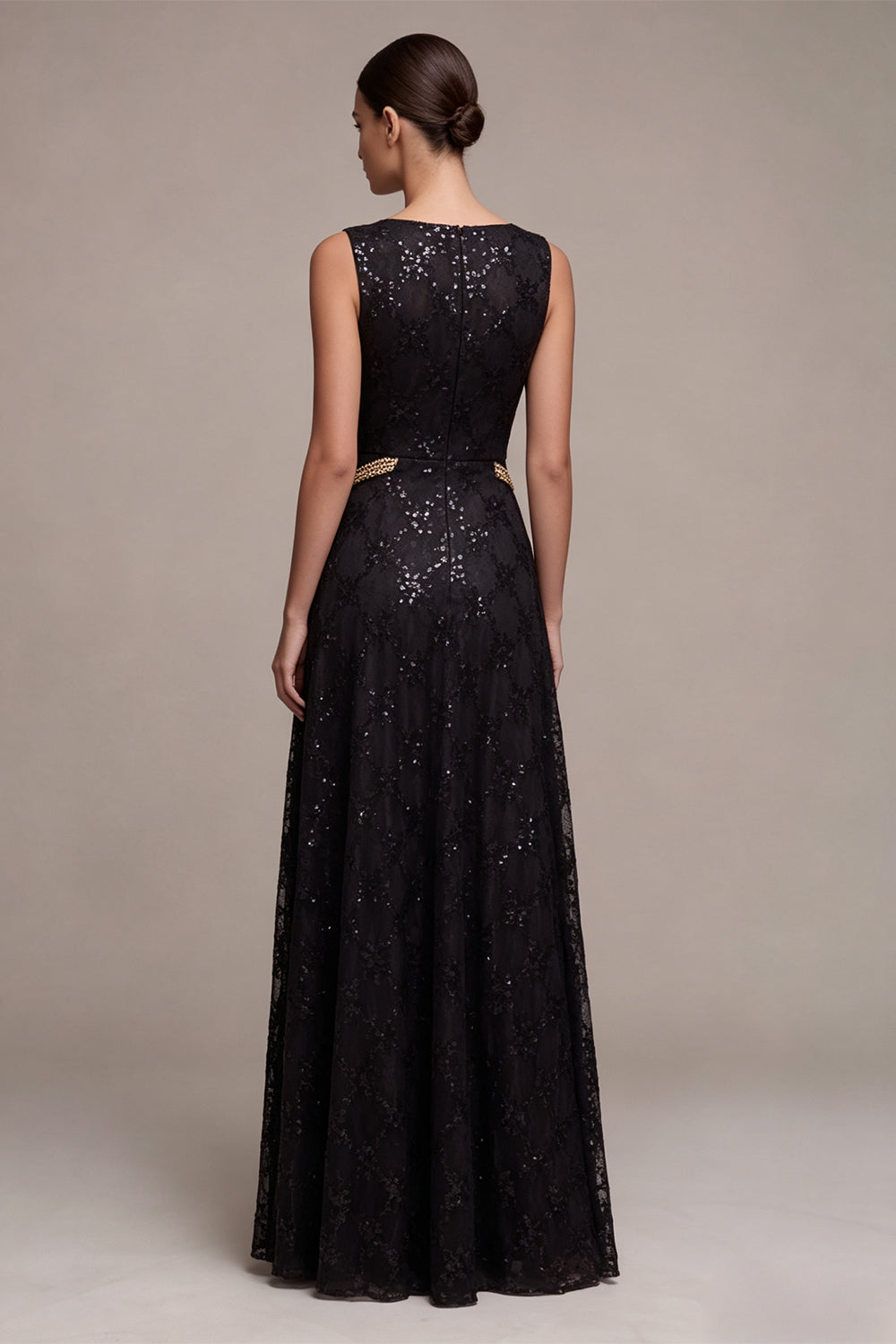 Sparkly Sequin Black Boat Neck A Line Long Formal Dress