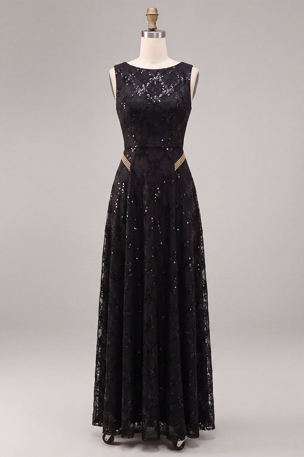Sparkly Sequin Black Boat Neck A Line Long Formal Dress