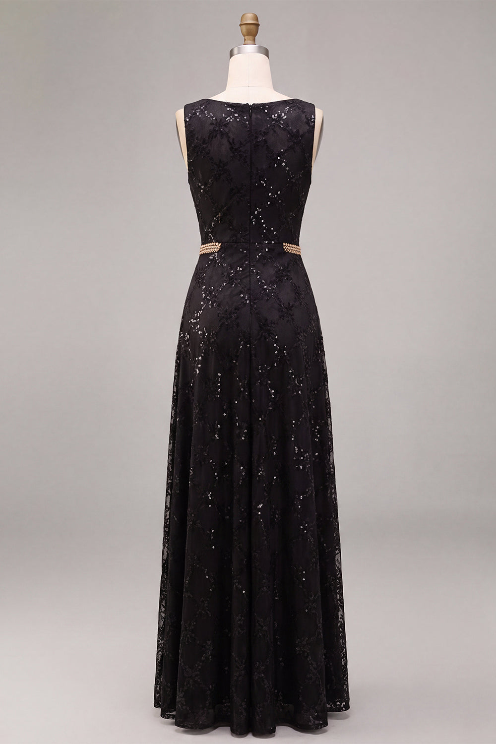 Sparkly Sequin Black Boat Neck A Line Long Formal Dress