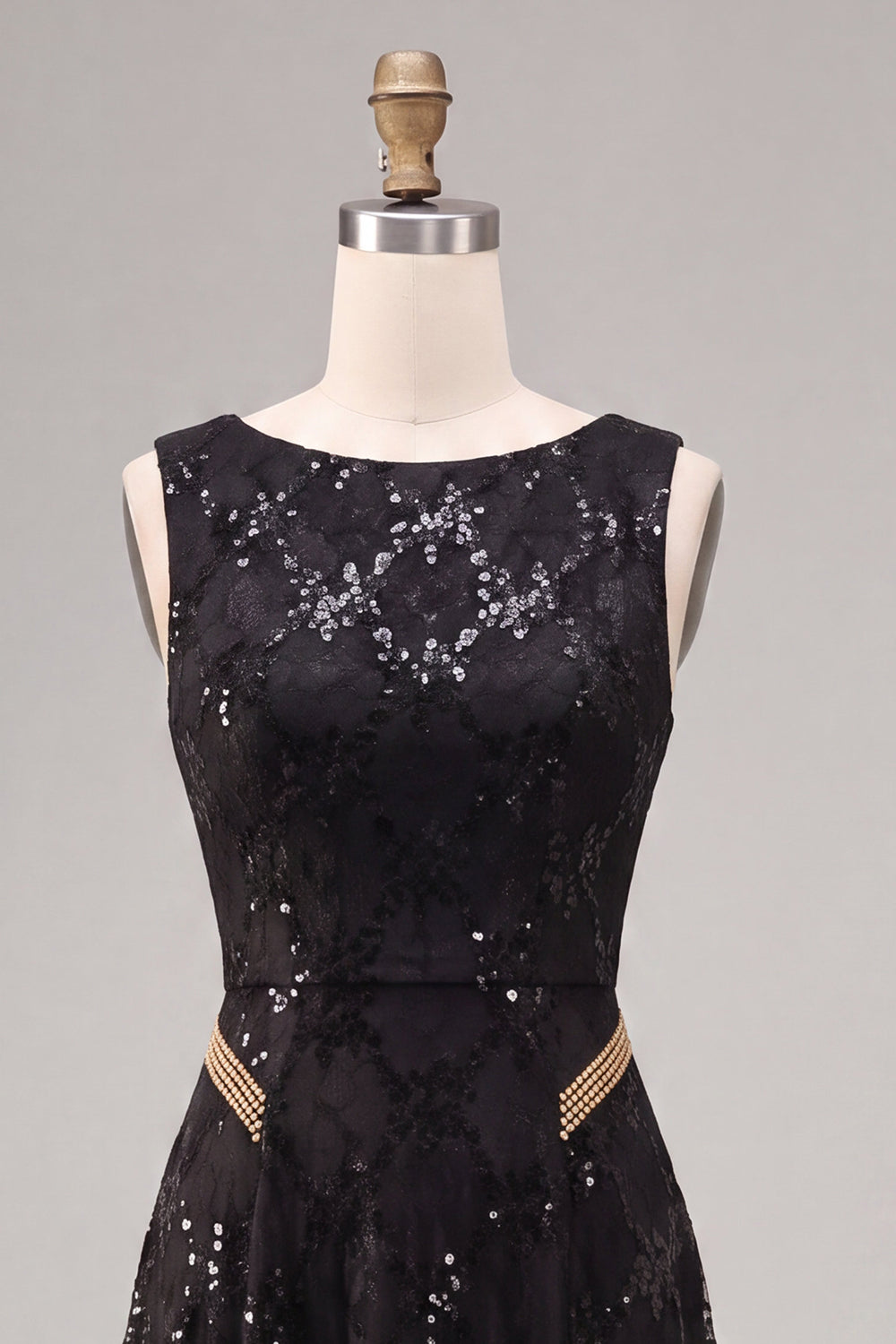 Sparkly Sequin Black Boat Neck A Line Long Formal Dress