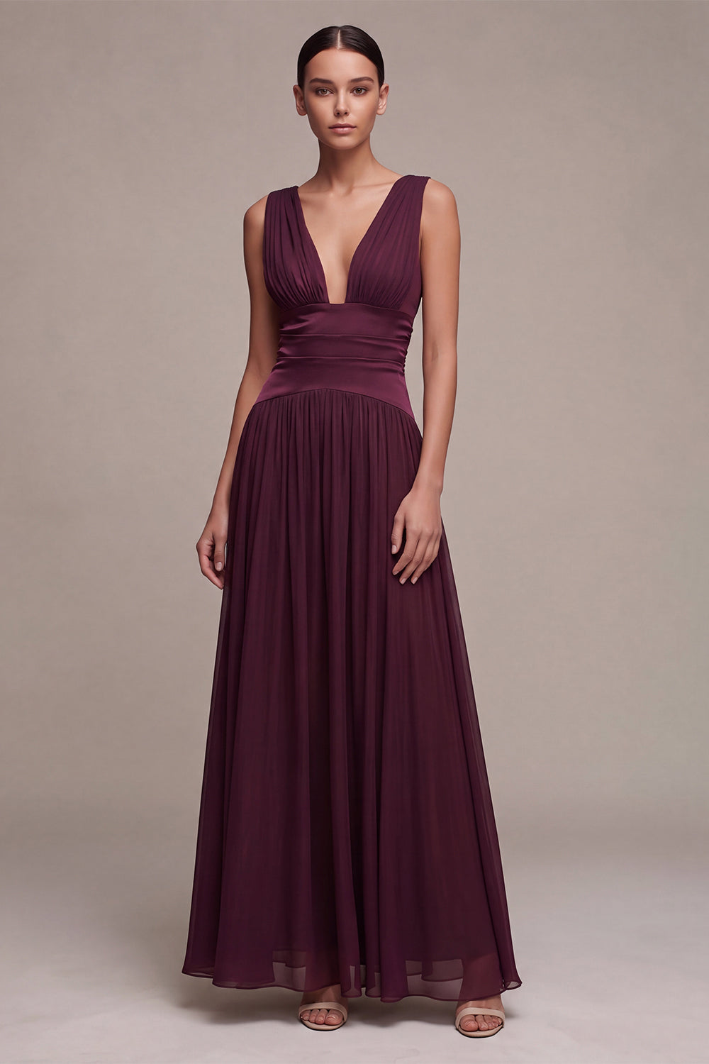Burgundy V-Neck Simple Long Formal Dress Chiffon A Line Pleated Evening Dress