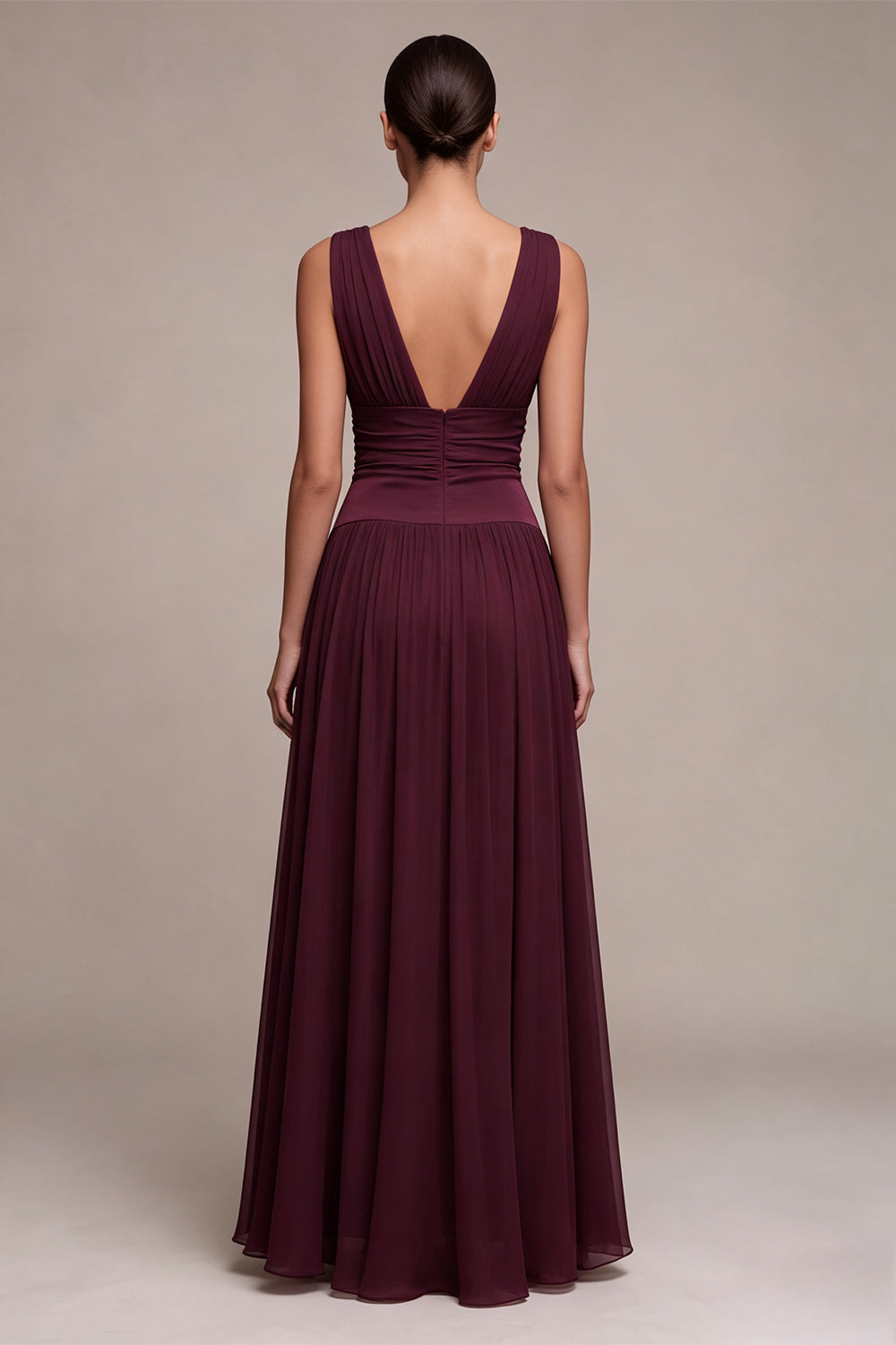 Burgundy Chiffon A Line Pleated V-Neck Long Formal Dress