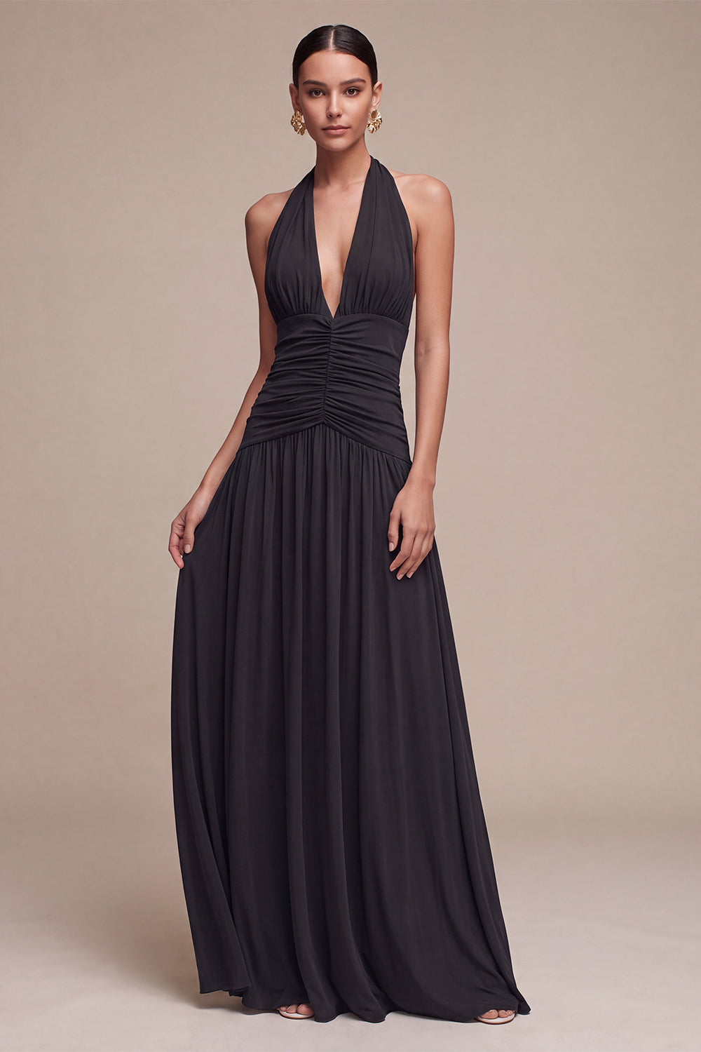 Black Halter Pleated Long Formal Dress Backless A Line Chiffon Evening Dress