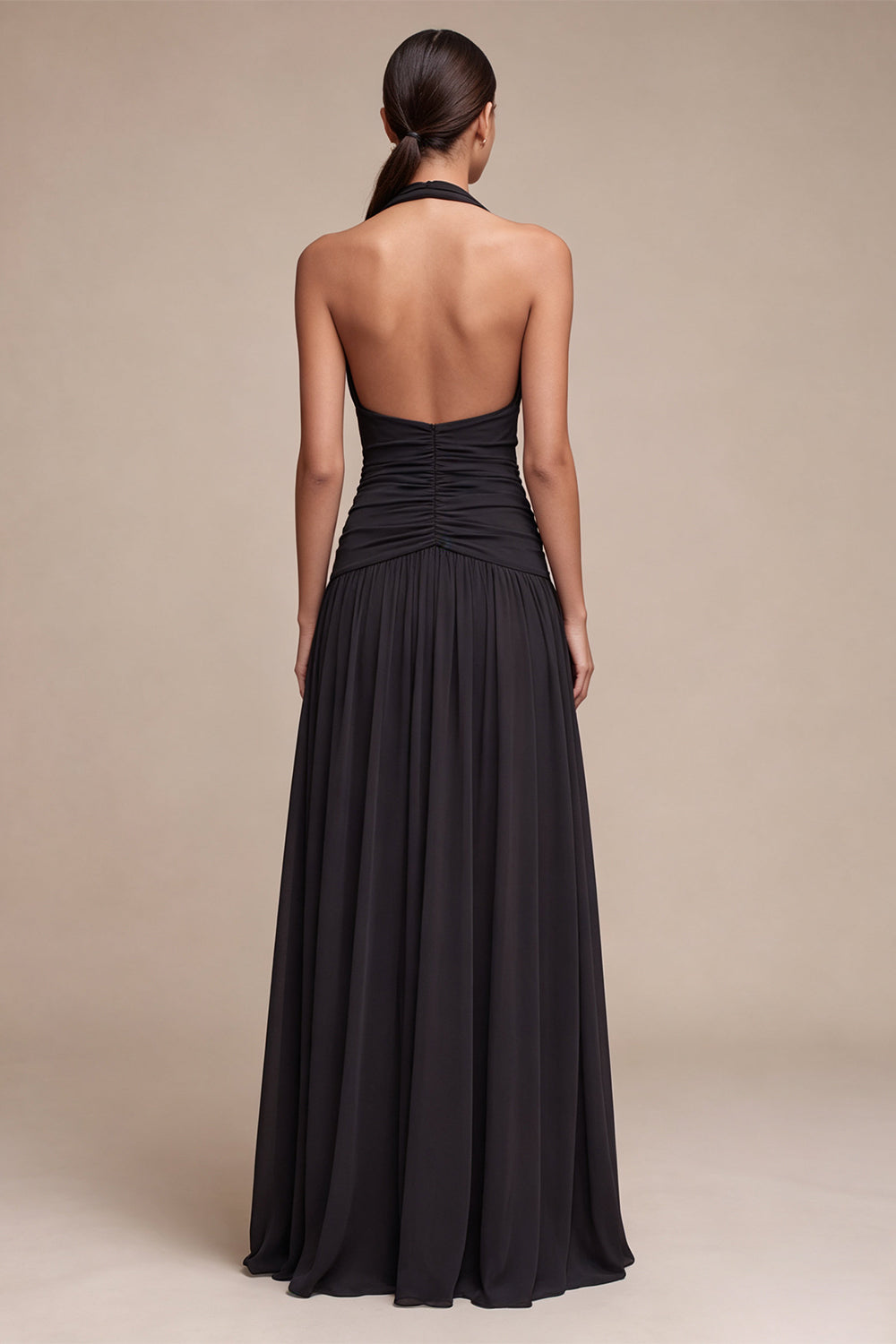 Black Halter Chiffon A Line Pleated Long Formal Dress