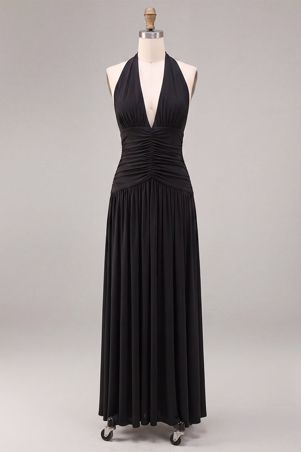 Black Halter Chiffon A Line Pleated Long Formal Dress