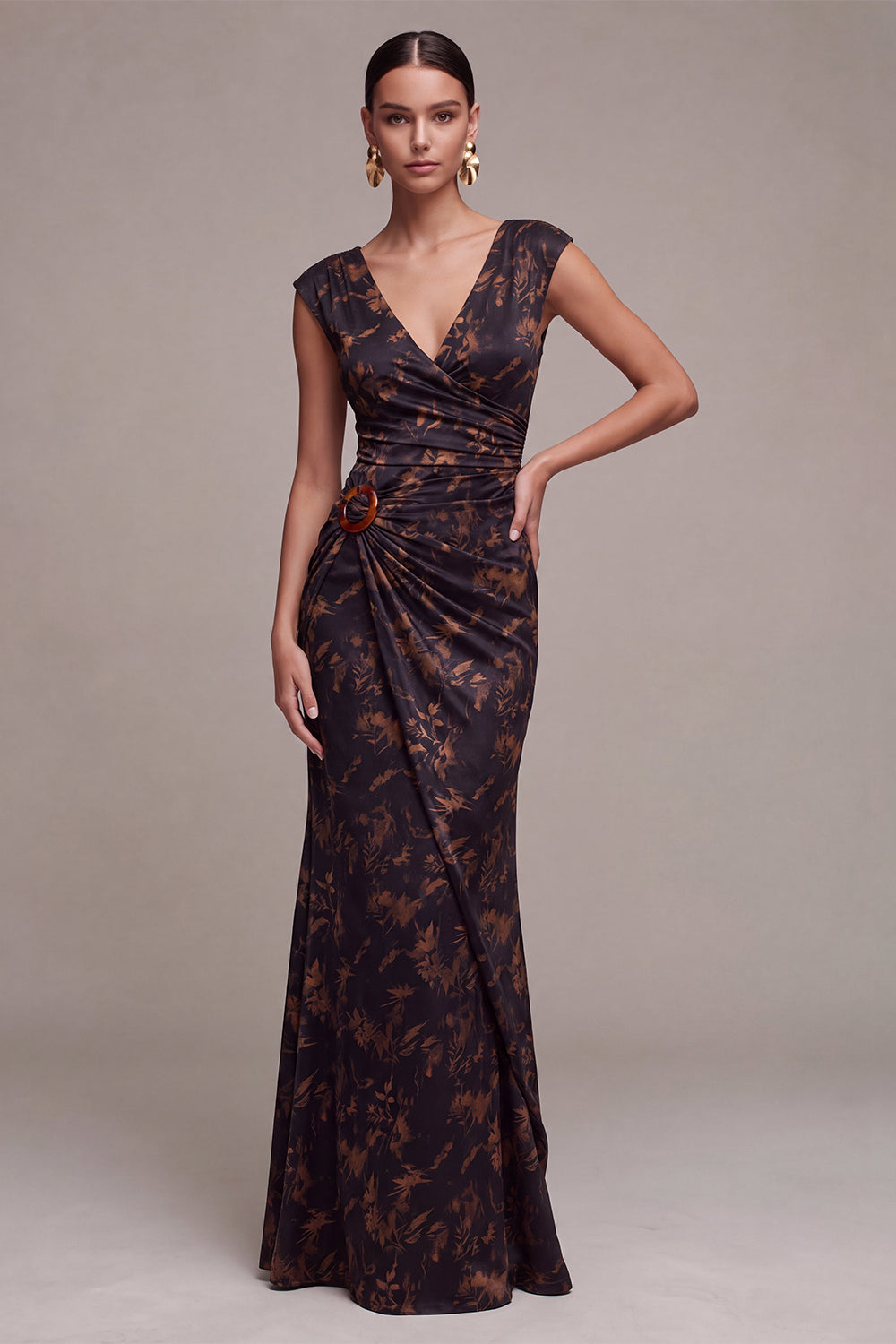 Black Mermaid Floral Long Formal Dress Ruched V-Neck Evening Dress