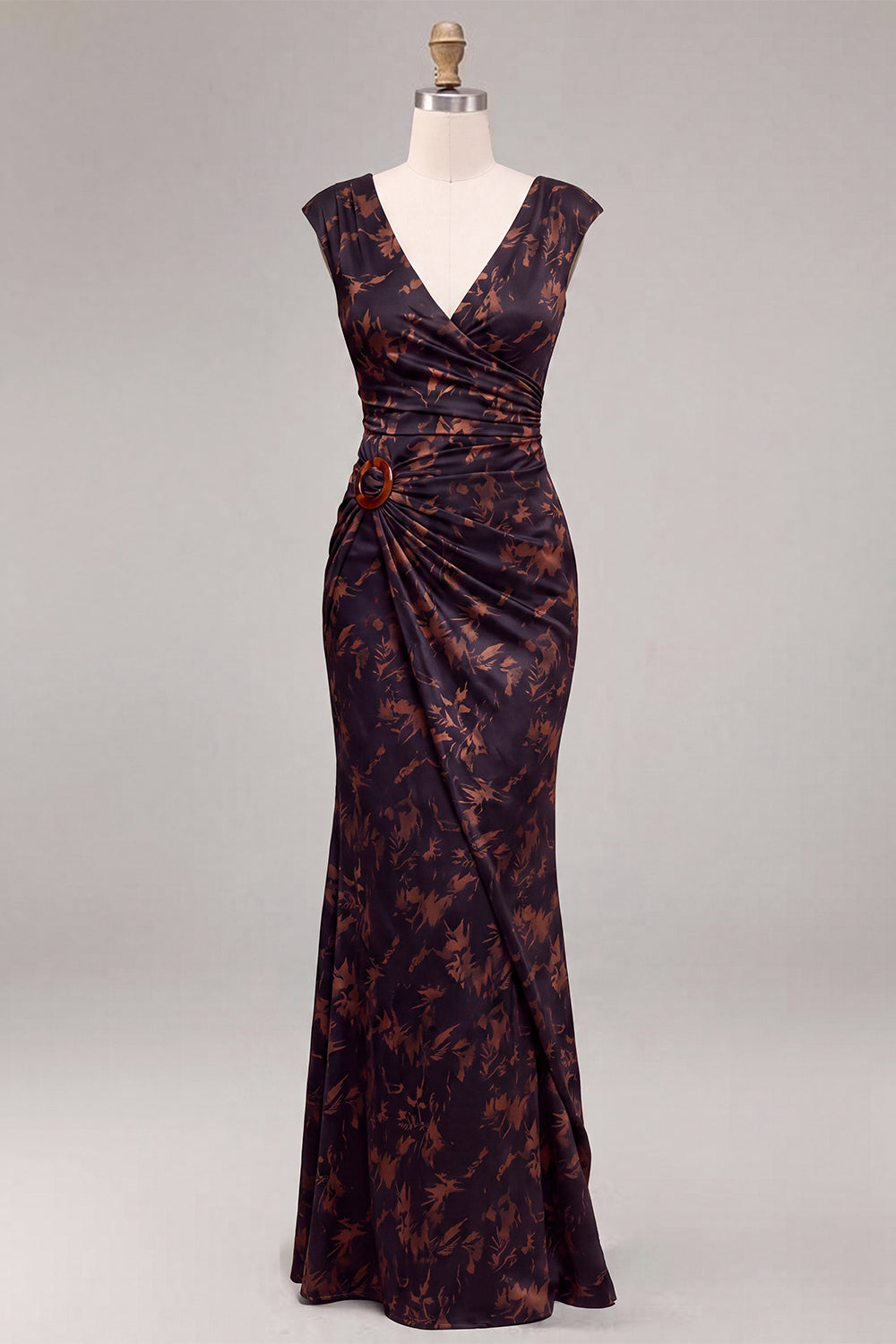 Floral Mermaid Black Ruched V-Neck Long Formal Dress