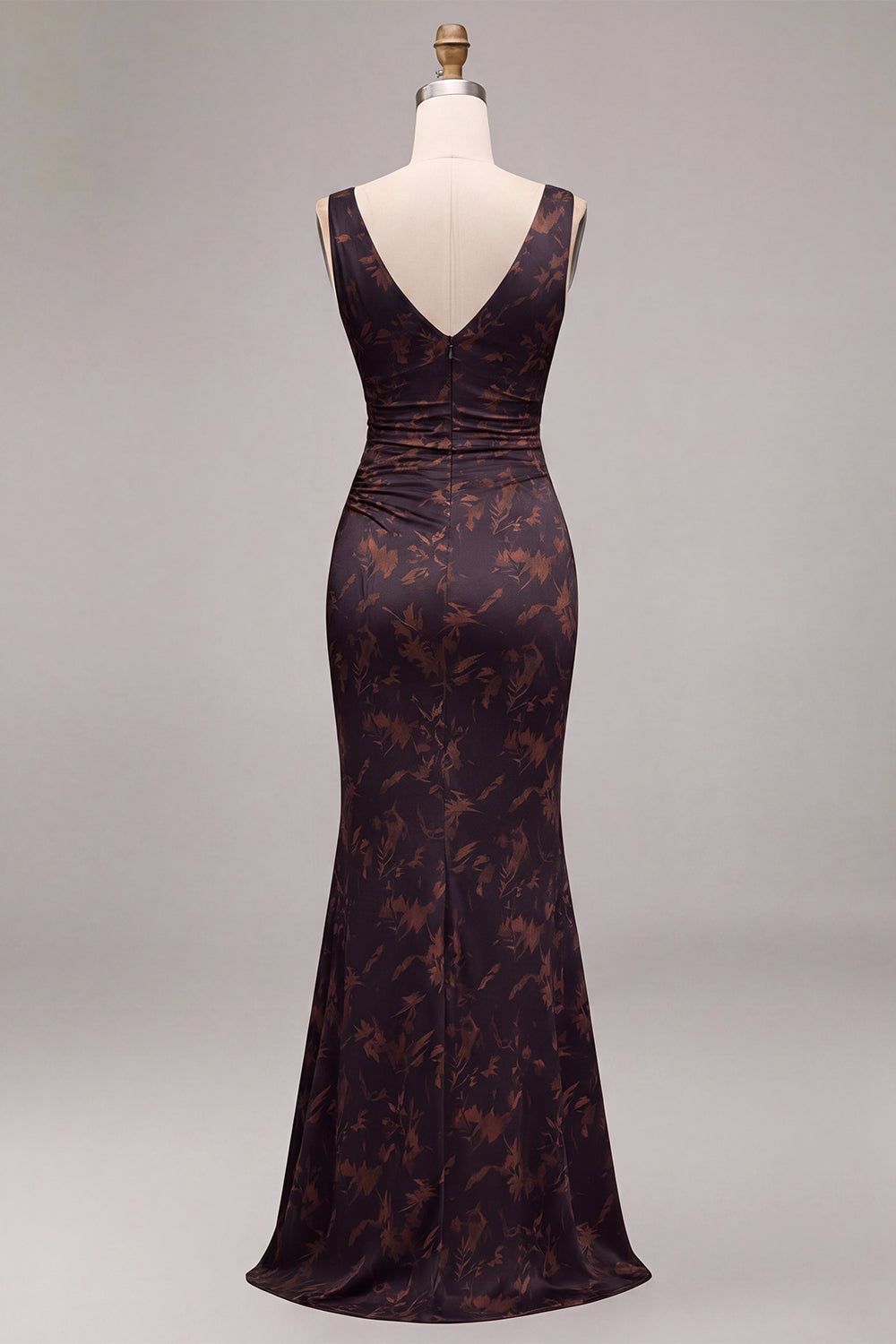 Floral Mermaid Black Ruched V-Neck Long Formal Dress