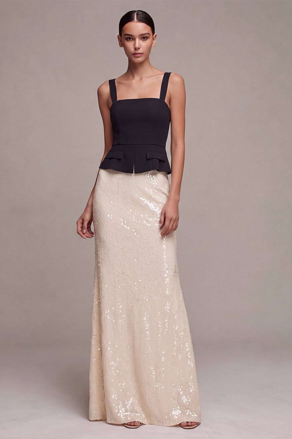 Black and White Sparkly Sequin Long Formal Dress Thick Straps Ruffled Mermaid Evening Dress